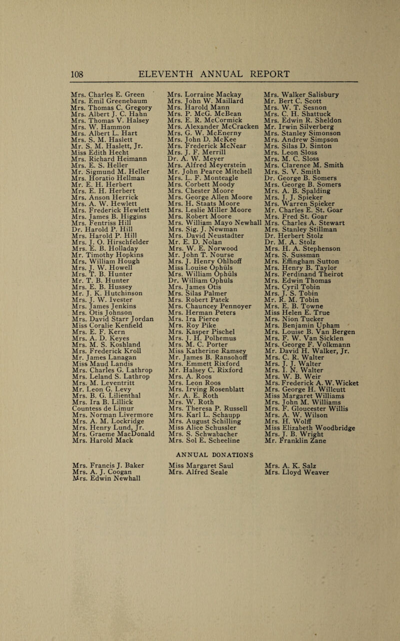 Mrs. Charles E. Green Mrs. Emil Greenebaum Mrs. Thomas C. Gregory Mrs. Albert J. C. Hahn Mrs. Thomas V. Halsey Mrs. W. Hammon Mrs. Albert L. Hart Mrs. S. M. Haslett Mr. S. M. Haslett, Jr. Miss Edith Hecht Mrs. Richard Heimann Mrs. E. S. Heller Mr. Sigmund M. Heller Mrs. Horatio Heilman Mr. E. H. Herbert Mrs. E. H. Herbert Mrs. Anson Herrick Mrs. A. W. Hewlett Mrs. Frederick Hewlett Mrs. James B. Higgins Mrs. Fentriss Hill Dr. Harold P. Hill Mrs. Harold P. Hill Mrs. J. O. Hirschfelder Mrs. E. B. Holladay Mr. Timothy Hopkins Mrs. William Hough Mrs. J. W. Howell Mrs. T. B. Hunter Mr. T. B. Hunter Mrs. E. B. Hussey Mr. J. K. Hutchinson Mrs. J. W. Ivester Mrs. James Jenkins Mrs. Otis Johnson Mrs. David Starr Jordan Miss Coralie Kenfield Mrs. E. F. Kern Mrs. A. D. Keyes Mrs. M. S. Koshland Mrs. Frederick Kroll Mr. James Lanagan Miss Maud Landis Mrs. Charles G. Lathrop Mrs. Leland S. Lathrop Mrs. M. Leventritt Mr. Leon G. Levy Mrs. B. G. Lilienthal Mrs. Ira B. Lillick Countess de Limur Mrs. Norman Livermore Mrs. A. M. Lockridge Mrs. Henry Lund, Jr. Mrs. Graeme MacDonald Mrs. Harold Mack Mrs. Francis J. Baker Mrs. A. J. Coogan Mrs. Edwin Newhall Mrs. Lorraine Mackay Mrs. John W. Maillard Mrs. Harold Mann Mrs. P. McG. McBean Mrs. E. R. McCormick Mrs. Alexander McCracken Mrs. G. W. McEnerny Mrs. John D. McKee Mrs. Frederick McNear Mrs. J. F. Merrill Dr. A. W. Meyer Mrs. Alfred Meyerstein Mr. John Pearce Mitchell Mrs. L. F. Monteagle Mrs. Corbett Moody Mrs. Chester Moore Mrs. George Allen Moore Mrs. H. Staats Moore Mrs. Leslie Miller Moore Mrs. Robert Moore Mrs. William Mayo Newhall Mrs. Sig. J. Newman Mrs. David Neustadter Mr. E. D. Nolan Mrs. W. E. Norwood Mr. John T. Nourse Mrs. J. Henry Ohlhofl Miss Louise Ophuls Mrs. William Ophuls Dr. William Ophuls Mrs. James Otis Mrs. Silas Palmer Mrs. Robert Patek Mrs. Chauncey Pennoyer Mrs. Herman Peters Mrs. Ira Pierce Mrs. Roy Pike Mrs. Kasper Pischel Mrs. J. H. Polhemus Mrs. M. C. Porter Miss Katherine Ramsey Mr. James B. Ransohoff Mrs. Emmett Rixford Mr. Halsey C. Rixford Mrs. A. Roos Mrs. Leon Roos Mrs. Irving Rosenblatt Mr. A. E. Roth Mrs. W. Roth Mrs. Theresa P. Russell Mrs. Karl L. Schaupp Mrs. August Schilling Miss Alice Schussler Mrs. S. Schwabacher Mrs. Sol E. Scheeline ANNUAL DONATIONS Miss Margaret Saul Mrs. Alfred Seale Mrs. Walker Salisbury Mr. Bert C. Scott Mrs. W. T. Sesnon Mrs. C. H. Shattuck Mrs. Edwin R. Sheldon Mr. Irwin Silverberg Mrs. Stanley Simonson Mrs. Andrew Simpson Mrs. Silas D. Sinton Mrs. Leon Sloss Mrs. M. C. Sloss Mrs. Clarence M. Smith Mrs. S. V. Smith Dr. George B. Somers Mrs. George B. Somers Mrs. A. B. Spalding Mrs. J. J. Spieker Mrs. Warren Spieker Mr. Charles E. St. Goar Mrs. Fred St. Goar Mrs. Charles A. Stewart Mrs. Stanley Stillman Dr. Herbert Stolz Dr. M. A. Stolz Mrs. H. A. Stephenson Mrs. S. Sussman Mrs. Effingham Sutton Mrs. Henry B. Taylor Mrs. Ferdinand Theirot Mrs. Edwin Thomas Mrs. Cyril Tobin Mrs. J. S. Tobin Mr. R. M. Tobin Mrs. E. B. Towne Miss Helen E. True Mrs. Nion Tucker Mrs. Benjamin Upham ' Mrs. Louise B. Van Bergen Mrs. F. W. Van Sicklen Mrs. George F. Volkmann Mr. David H. Walker, Jr. Mrs. C. R. Walter Mrs. J. J. Walter Mrs. I. N. Walter Mrs. W. B. Weir Mrs. Frederick A. W. Wicket Mrs. George H. Willcutt Miss Margaret Williams Mrs. John M. Williams Mrs. F. Gloucester Willis Mrs. A. W. Wilson Mrs. H. Wolff Miss Elizabeth Woodbridge Mrs. J. B. Wright Mr. Franklin Zane Mrs. A. K. Salz Mrs. Lloyd Weaver