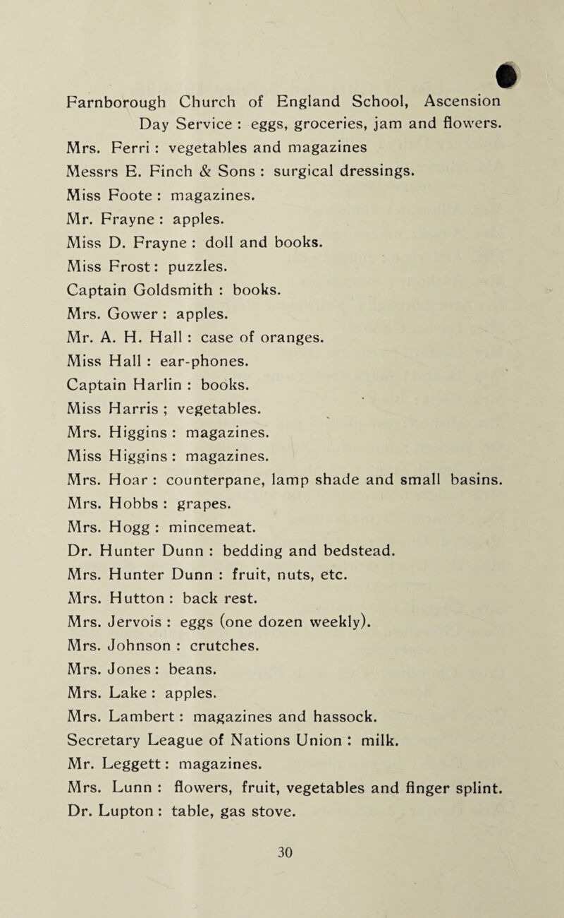 • Farnborough Church of England School, Ascension Day Service : eggs, groceries, jam and flowers. Mrs. Ferri : vegetables and magazines Messrs E. Finch & Sons : surgical dressings. Miss Foote : magazines. Mr. Frayne : apples. Miss D. Frayne : doll and books. Miss Frost: puzzles. Captain Goldsmith : books. Mrs. Gower : apples. Mr. A. H. Hall : case of oranges. Miss Hall : ear-phones. Captain Harlin : books. Miss Harris ; vegetables. Mrs. Higgins : magazines. Miss Higgins : magazines. Mrs. Hoar : counterpane, lamp shade and small basins. Mrs. Hobbs : grapes. Mrs. Hogg : mincemeat. Dr. Hunter Dunn : bedding and bedstead. Mrs. Hunter Dunn : fruit, nuts, etc. Mrs. Hutton : back rest. Mrs. Jervois : eggs (one dozen weekly). Mrs. Johnson : crutches. Mrs. Jones: beans. Mrs. Lake : apples. Mrs. Lambert: magazines and hassock. Secretary League of Nations Union : milk. Mr. Leggett: magazines. Mrs. Lunn : flowers, fruit, vegetables and finger splint. Dr. Lupton : table, gas stove.