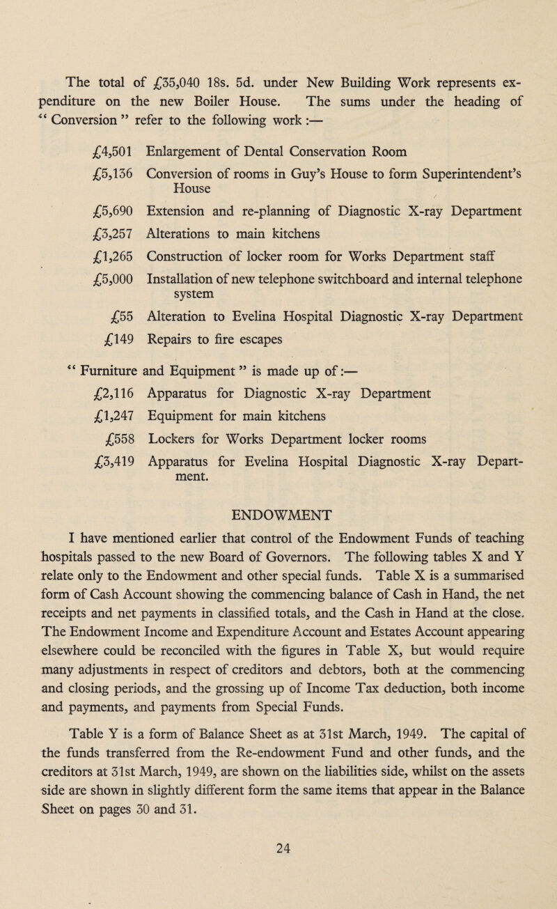 The total of £35,040 18s. 5d. under New Building Work represents ex¬ penditure on the new Boiler House. The sums under the heading of Conversion ” refer to the following work :— £4,501 Enlargement of Dental Conservation Room £5,136 Conversion of rooms in Guy’s House to form Superintendent’s Blouse £5,690 Extension and re-planning of Diagnostic X-ray Department £3,257 Alterations to main kitchens £1,265 Construction of locker room for Works Department staff £5,000 Installation of new telephone switchboard and internal telephone system £55 Alteration to Evelina Hospital Diagnostic X-ray Department £149 Repairs to fire escapes “ Furniture and Equipment ” is made up of:— £2,116 Apparatus for Diagnostic X-ray Department £1,247 Equipment for main kitchens £558 Lockers for Works Department locker rooms £3,419 Apparatus for Evelina Hospital Diagnostic X-ray Depart¬ ment. ENDOWMENT I have mentioned earlier that control of the Endowment Funds of teaching hospitals passed to the new Board of Governors. The following tables X and Y relate only to the Endowment and other special funds. Table X is a summarised form of Cash Account showing the commencing balance of Cash in Hand, the net receipts and net payments in classified totals, and the Cash in Hand at the close. The Endowment Income and Expenditure Account and Estates Account appearing elsewhere could be reconciled with the figures in Table X, but would require many adjustments in respect of creditors and debtors, both at the commencing and closing periods, and the grossing up of Income Tax deduction, both income and payments, and payments from Special Funds. Table Y is a form of Balance Sheet as at 31st March, 1949. The capital of the funds transferred from the Re-endowment Fund and other funds, and the creditors at 31st March, 1949, are shown on the liabilities side, whilst on the assets side are shown in slightly different form the same items that appear in the Balance Sheet on pages 30 and 31.