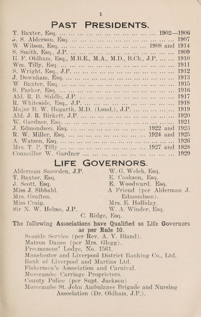 Past Presidents, T. Baxter, Esq.,. 1902—1906 5. S. Alderson, Esq. .. 1907 W Wilson, Esq. 1908 and 1914 S. Smith, Esq,, J.P.. ... .. 1909 K. F. Oldham, Esq., M.B.E., M.A., M.D., B.Ch, J.P. 1910 Win. Tilly, Esq.. 1911 S. Wright, Esq, J.P. 1912 J. Downham, Esq. 1913 W Baxter, Esq. 1915 S. Parker, Esq. 1916 Aid. Pi. B. Siddle, J.P. 1917 R. Whiteside, Esq, J.P. .. 1918 Major B. W. Hogarth, M.D. (Bond.), J.P. 1919 Aid. J. R. Birkett, J.P. 1920 W. Gardner, Esq. 1921 J. Edmondson, Esq.. ... 1922 and 1923 R. W. Miller, Esq. 1924 and 1925 A. Watson, Esq. 1926 Mrs. T. P. Tilly.. .. .1927 and 1928 Councillor W. Gardner.. ... ... 1929 Life Governors. Alderman Snowden, J.P. T. Baxter, Esq. 4. Scott, Esq. Miss J. Sibbald. Mrs. Grafton. Miss Craig. Sir N. W. Helme, J.P. C. Rid W. G. Welch, Esq. E. Cookson, Esq. E. Woodward, Esq. A Friend (per Alderman J. Edmondson). Mrs. E. Holliday. W. A. Winder, Esq. <;e, Esq. The following Associations have Qualified as Life Governors as per Rule 10, Seaside Service (per Rev. A. V. Bland). Matron Dance (per Mrs. Glegg). Freemasons’ Lodge, No. 1561. Manchester and Liverpool District Banking Co, Ltd. Bank of Liverpool and Martins Ltd. Fishermen’s Association and Carnival. Morecambe Carriage Proprietors. County Police (per Supt. Jackson) Morecambe St. John Ambulance Brigade and Nursing Association (Dr. Oldham, J.P.).