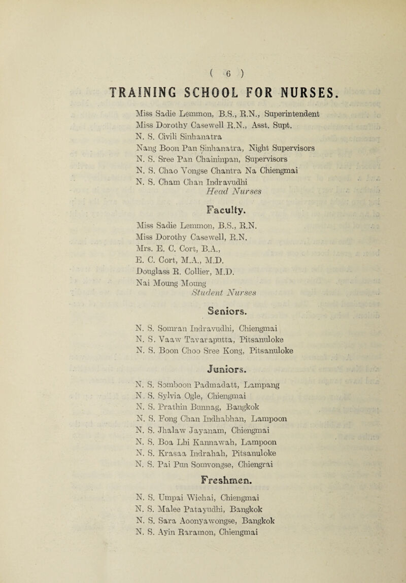 TRAINING SCHOOL FOR NURSES. Miss Sadie Lemmon, B.S., E.N., Superintendent Miss Dorothy Casewell E.N., Asst. Supt. N. S. Civili Sinhanatra Nang Boon Pan Sinhanatra, Night Supervisors N. S. Sree Pan Chaininpan, Supervisors N. S. Chao Yongse Chantra Na Chiengmai N. S. Cham Chan Indravudhi Head Nurses Faculty. Miss Sadie Lemmon, B.S., E.N. Miss Dorothy Casewell, E.N. Mrs. E. C. Cort, B.A., E. C. Cort, M.A., M.D. Douglass E. Collier, M.D. Nai Moung Moung Student Nurses Seniors. N. S. Somran Indravudhi, Chiengmai N. S. Vaaw Tavaraputta, Pitsanuloke N. S. Boon Choo Sree Kong, Pitsanuloke Juniors. N. S. Somboon Padmadatt, Lampang N. S. Sylvia Ogle, Chiengmai N. S. Prathin Bunnag, Bangkok N. S. Fong Chan Indhabhan, Lampoon N. S. Jhalaw Jayanam, Chiengmai N. S. Boa Lbi Kannawah, Lampoon N. S. Krasaa Indrahah, Pitsanuloke N. S. Pai Pun Somvongse, Chiengrai Freshmen. N. S. Umpai Wichai, Chiengmai N. S. Malee Patayudhi, Bangkok N. S. Sara Aoonyawongse, Bangkok N. S. Ayin Ear am on, Chiengmai