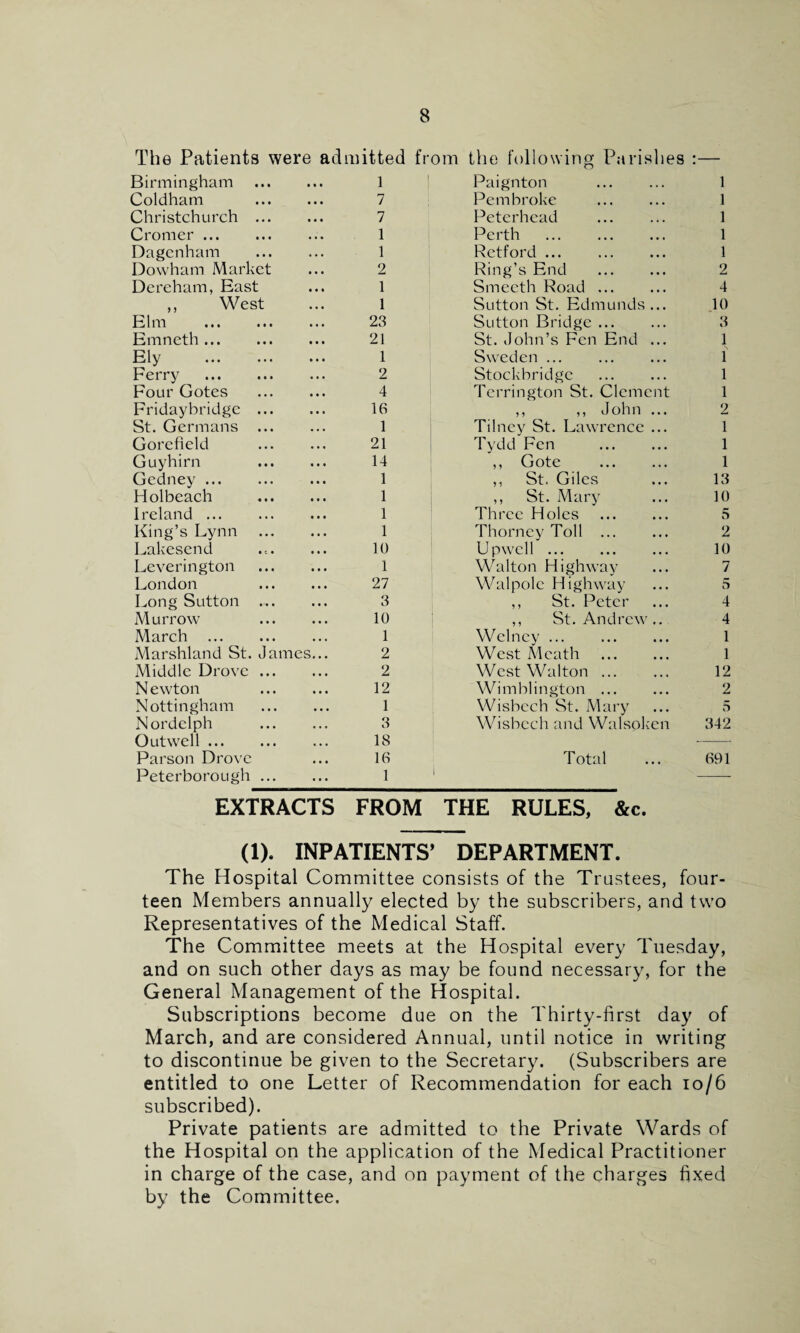 The Patients were admitted from the following Parishes :— Birmingham • t • 1 Paignton 1 Coldham • • • 7 Pembroke 1 Christchurch ... • • • 7 Peterhead 1 Cromer ... • • • 1 Perth ... . 1 Dagenham • « • 1 Retford ... . 1 Dowham Market • • • 2 Ring’s End . 2 Dereham, East • • • 1 Smeeth Road. 4 ,, West • • • 1 Sutton St. Edmunds... 10 Elm • • • 23 Sutton Bridge ... 3 Emneth. • • • 21 St. John’s Fen End ... 1 Ely • • • 1 Sweden ... . 1 Ferry . • • • 2 Stockbridge 1 Four Gotes • • • 4 Terrington St. Clement 1 Fridaybridge ... • • • 16 ,, ,, John ... 2 St. Germans ... 1 Tilney St. Lawrence ... 1 Gore field 21 Tydd Fen . 1 Guyhirn • • • 14 ,, Gote 1 Gedney ... • • • 1 ,, St. Giles 13 Holbeach • • • 1 ,, St. Mary 10 Ireland. tt* 1 Three Holes . 5 King’s Lynn • • • 1 Thorney Toll ... 2 Lakesend • • • 10 Upwell. 10 Leverington • • • 1 Walton Highway 7 London • • • 27 Walpole Highway 5 Long Sutton .... • • • 3 ,, St. Peter 4 Murrow • • • 10 ,, St. Andrew.. 4 March . • • • 1 Welney ... . 1 Marshland St. James... 2 West Meath . 1 Middle Drove ... • • • 2 West Walton ... 12 N ewton • • • 12 Wimblington ... 2 Nottingham ... 1 Wisbech St. Mary 5 Nordclph • • • 3 Wisbech and Walsoken 342 Outwell. • • • 18 — Parson Drove • • • 16 Total 691 Peterborough ... • • • 1 i — EXTRACTS FROM THE RULES, &c. (1). INPATIENTS’ DEPARTMENT. The Hospital Committee consists of the Trustees, four¬ teen Members annually elected by the subscribers, and two Representatives of the Medical Staff. The Committee meets at the Hospital every Tuesday, and on such other days as may be found necessary, for the General Management of the Hospital. Subscriptions become due on the Thirty-first day of March, and are considered Annual, until notice in writing to discontinue be given to the Secretary. (Subscribers are entitled to one Letter of Recommendation for each 10/6 subscribed). Private patients are admitted to the Private Wards of the Hospital on the application of the Medical Practitioner in charge of the case, and on payment of the charges fixed by the Committee.