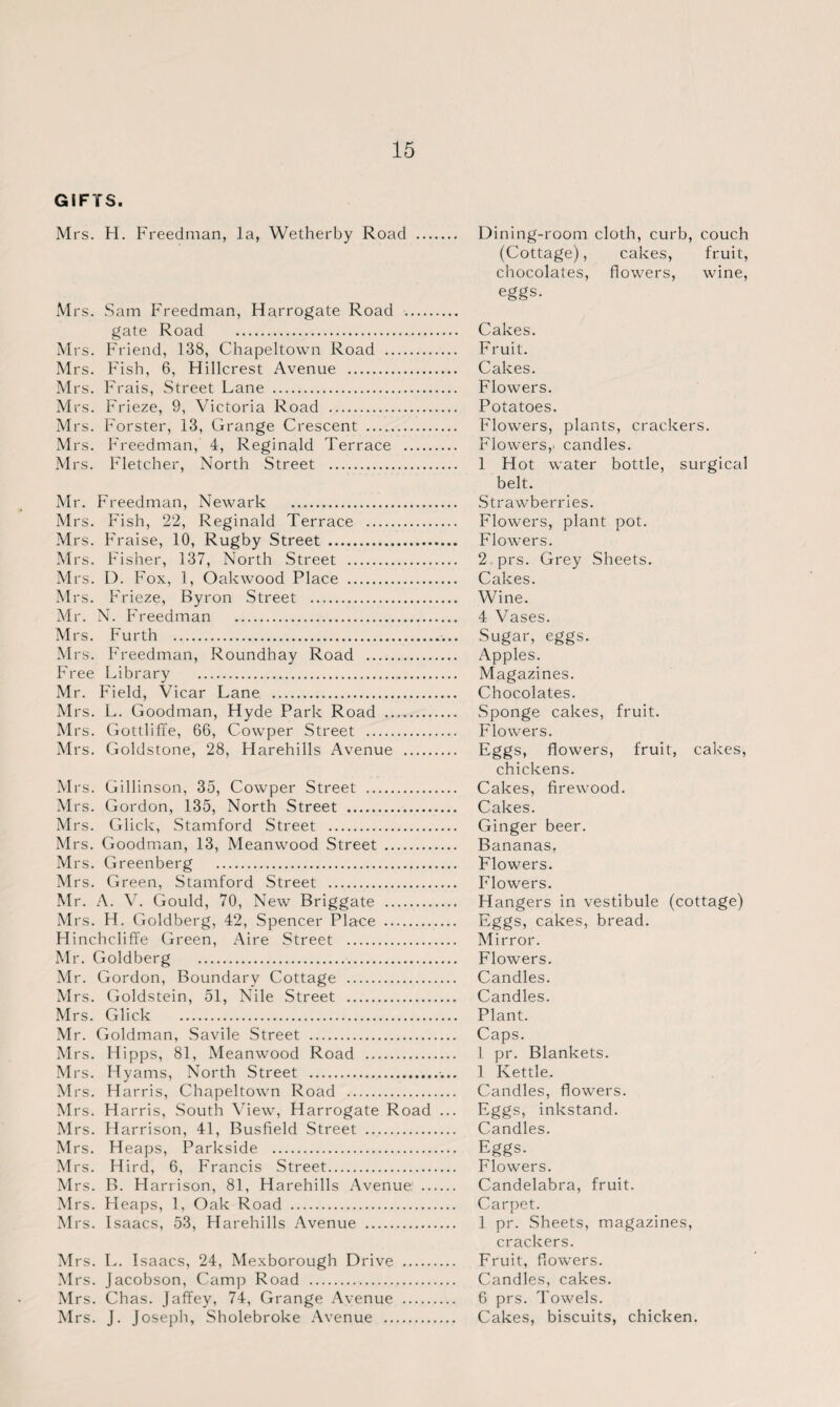 GIFTS. Mrs. H. Freedman, la, Wetherby Road Mrs. Sam Freedman, Harrogate Road . gate Road . Mrs. Friend, 138, Chapeltown Road . Mrs. Fish, 6, Hillcrest Avenue . Mrs. Frais, Street Lane . Mrs. Frieze, 9, Victoria Road . Mrs. Forster, 13, Grange Crescent . Mrs. Freedman, 4, Reginald Terrace . Mrs. Fletcher, North Street . Mr. Freedman, Newark . Mrs. Fish, 22, Reginald Terrace . M rs. Fraise, 10, Rugby Street . Mrs. Fisher, 137, North Street . Mrs. D. Fox, 1, Oakwood Place . Mrs. Frieze, Byron Street . Mr. N. Freedman . Mrs. Furth .. Mrs. Freedman, Roundhay Road . Free Library . Mr. Field, Vicar Lane . Mrs. L. Goodman, Hyde Park Road . Mrs. Gottliffe, 66, Cowper Street . Mrs. Goldstone, 28, Harehills Avenue . Mrs. Gillinson, 35, Cowper Street . Mrs. Gordon, 135, North Street . Mrs. Glick, Stamford Street . Mrs. Goodman, 13, Meanwood Street . Mrs. Greenberg . Mrs. Green, Stamford Street . Mr. A. V. Gould, 70, New Briggate . Mrs. H. Goldberg, 42, Spencer Place . Hinchcliffe Green, Aire Street . Mr. Goldberg . Mr. Gordon, Boundary Cottage . M rs. Goldstein, 51, Nile Street . Mrs. Glick . Mr. Goldman, Savile Street . Mrs. Hipps, 81, Meanwood Road . Mrs. Hyams, North Street .. Mrs. Harris, Chapeltown Road . Mrs. Harris, South View, Harrogate Road ... Mrs. Harrison, 41, Busfield Street . Mrs. Heaps, Parkside . Mrs. Hird, 6, Francis Street. M rs. B. Harrison, 81, Harehills Avenue: . Mrs. Heaps, 1, Oak Road . Mrs. Isaacs, 53, Harehills Avenue . Mrs. L. Isaacs, 24, Mexborough Drive . Mrs. Jacobson, Camp Road .. Mrs. Chas. Jaffey, 74, Grange Avenue . Mrs. J. Joseph, Sholebroke Avenue . Dining-room cloth, curb, couch (Cottage), cakes, fruit, chocolates, flowers, wine, eggs. Cakes. Fruit. Cakes. Flowers. Potatoes. Flowers, plants, crackers. Flowers,! candles. 1 Hot water bottle, surgical belt. Strawberries. Flowers, plant pot. Flowers. 2 prs. Grey Sheets. Cakes. Wine. 4 Vases. Sugar, eggs. Apples. Magazines. Chocolates. Sponge cakes, fruit. Flowers. Eggs, flowers, fruit, cakes, chickens. Cakes, firewood. Cakes. Ginger beer. Bananas, Flowers. Flowers. Hangers in vestibule (cottage) Eggs, cakes, bread. Mirror. Flowers. Candles. Candles. Plant. Caps. 1 pr. Blankets. 1 Kettle. Candles, flowers. Eggs, inkstand. Candles. Eggs- Flowers. Candelabra, fruit. Carpet. 1 pr. Sheets, magazines, crackers. Fruit, flowers. Candles, cakes. 6 prs. Towels. Cakes, biscuits, chicken.