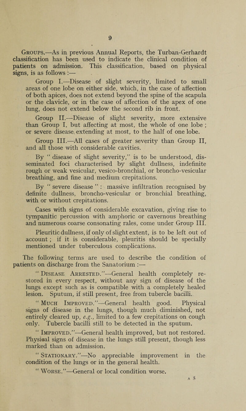 Groups.—As in previous Annual Reports, the Turban-Gerhardt classification has been used to indicate the clinical condition of patients on admission. This classification, based on physical signs, is as follows :— Group I.—Disease of slight severity, limited to small areas of one lobe on either side, which, in the case of affection of both apices, does not extend beyond the spine of the scapula or the clavicle, or in the case of affection of the apex of one lung, does not extend below the second rib in front. Group II.—Disease of slight severity, more extensive than Group I, but affecting at most, the whole of one lobe ; or severe disease, extending at most, to the half of one lobe. Group III.—All cases of greater severity than Group II, and all those with considerable cavities. By “ disease of slight severity/’ is to be understood, dis¬ seminated foci characterised by slight dullness, indefinite rough or weak vesicular, vesico-bronchial, or broncho-vesicular breathing, and fine and medium crepitations. By “ severe disease ” : massive infiltration recognised by definite dullness, broncho-vesicular or bronchial breathing, with or without crepitations. Cases with signs of considerable excavation, giving rise to tympanitic percussion with amphoric or cavernous breathing and numerous coarse consonating rales, come under Group III. Pleuritic dullness, if only of slight extent, is to be left out of account ; if it is considerable, pleuritis should be specially mentioned under tuberculous complications. The following terms are used to describe the condition of patients on discharge from the Sanatorium :— “ Disease Arrested.”—General health completely re¬ stored in every respect, without any sign of disease of the lungs except such as is compatible with a completely healed lesion. Sputum, if still present, free from tubercle bacilli. “ Much Improved.”—General health good. Physical signs of disease in the lungs, though much diminished, not entirely cleared up, e.g., limited to a few crepitations on cough only. Tubercle bacilli still to be detected in the sputum. “ Improved.”—General health improved, but not restored. Physical signs of disease in the lungs still present, though less marked than on admission. “ Stationary.”—No appreciable improvement in the condition of the lungs or in the general health. “ Worse.”—General or local condition worse.