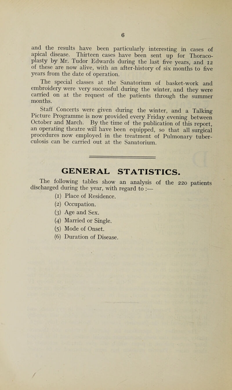 and the results have been particularly interesting in cases of apical disease. Thirteen cases have been sent up for Thoraco¬ plasty by Mr. Tudor Edwards during the last five years, and 12 of these are now alive, with an after-history of six months to five years from the date of operation. The special classes at the Sanatorium of basket-work and embroidery were very successful during the winter, and they were carried on at the request of the patients through the summer months. Staff Concerts were given during the winter, and a Talking Picture Programme is now provided every Friday evening between October and March. By the time of the publication of this report, an operating theatre will have been equipped, so that all surgical procedures now employed in the treatment of Pulmonary tuber¬ culosis can be carried out at the Sanatorium. GENERAL STATISTICS. The following tables show an analysis of the 220 patients discharged during the year, with regard to :— (1) Place of Residence. (2) Occupation. (3) Age and Sex. (4) Married or Single. (5) Mode of Onset. (6) Duration of Disease.
