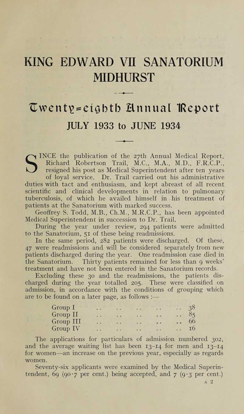 MIDHURST — -—♦- XTwent\> = eigbtb Hnnual IReport JULY 1933 to JUNE 1934 -♦ SINCE the publication of the 27th Annual Medical Report, Richard Robertson Trail, M.C., M.A., M.D., F.R.C.P., resigned his post as Medical Superintendent after ten years of loyal service. Dr. Trail carried out his administrative duties with tact and enthusiasm, and kept abreast of all recent scientific and clinical developments in relation to pulmonary tuberculosis, of which he availed himself in his treatment of patients at the Sanatorium with marked success. Geoffrey S. Todd, M.B., Ch.M., M.R.C.P., has been appointed Medical Superintendent in succession to Dr. Trail. During the year under review, 294 patients were admitted to the Sanatorium, 51 of these being readmissions. In the same period, 282 patients were discharged. Of these, 47 were readmissions and will be considered separately from new patients discharged during the year. One readmission case died in the Sanatorium. Thirty patients remained for less than 9 weeks’ treatment and have not been entered in the Sanatorium records. Excluding these 30 and the readmissions, the patients dis¬ charged during the year totalled 205. These were classified on admission, in accordance with the conditions of grouping which are to be found on a later page, as follows :— Group I Group II Group III Group IV 38 85 66 16 The applications for particulars of admission numbered 302, and the average waiting list has been 13-14 for men and 13-14 for women—an increase on the previous year, especially as regards women. Seventy-six applicants were examined by the Medical Superin¬ tendent, 69 (90-7 per cent.) being accepted, and 7 (9*3 per cent.)