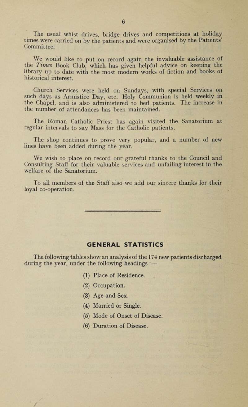 The usual whist drives, bridge drives and competitions at holiday times were carried on by the patients and were organised by the Patients’ Committee. We would like to put on record again the invaluable assistance of the Times Book Club, which has given helpful advice on keeping the library up to date with the most modern works of fiction and books of historical interest. Church Services were held on Sundays, with special Services on such days as Armistice Day, etc. Holy Communion is held weekly in the Chapel, and is also administered to bed patients. The increase in the number of attendances has been maintained. The Roman Catholic Priest has again visited the Sanatorium at regular intervals to say Mass for the Catholic patients. The shop continues to prove very popular, and a number of new lines have been added during the year. We wish to place on record our grateful thanks to the Council and Consulting Staff for their valuable services and unfailing interest in the welfare of the Sanatorium. To all members of the Staff also we add our sincere thanks for their loyal co-operation. GENERAL STATISTICS The following tables show an analysis of the 174 new patients discharged during the year, under the following headings (1) Place of Residence. (2) Occupation. (3) Age and Sex. (4) Married or Single. (5) Mode of Onset of Disease. (6) Duration of Disease.