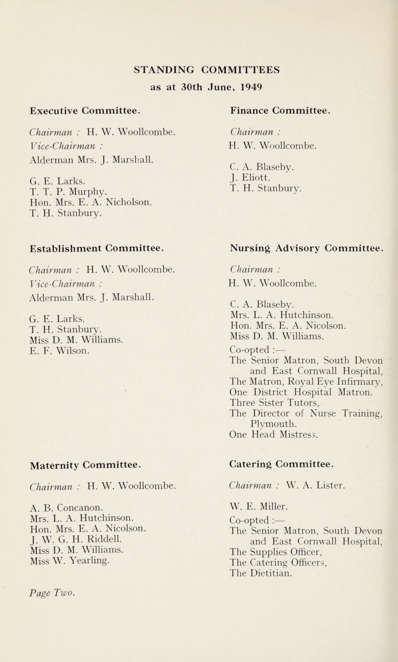 STANDING COMMITTEES as at 30th June, 1949 Executive Committee. Chairman : H. W. Woollcom.be. Vice-Chairman : Alderman Mrs. J. Marshall. G. E. Larks. T. T. P. Murphy. Hon. Mrs. E. A. Nicholson. T. H. Stanbury. Establishment Committee. Chairman : H. W. Woollcombe. Vice-Chairman : Alderman Mrs. J. Marshall. G. E. Larks. T. H. Stanbury. Miss D. M. Williams. E. F. Wilson. Maternity Committee. Chairman : H. W. Woollcombe. A. B. Concanon. Mrs. L. A. Hutchinson. Hon. Mrs. E. A. Nicolson. J. W. G. H. Riddell. Miss D. M. Williams. Miss W. Yearling. Finance Committee. Chairman : H. W. Woollcombe. C. A. Blaseby. J. Eliott. T. H. Stanbury. Nursing Advisory Committee. Chairman : H. W. Woollcombe. C. A. Blaseby. Mrs. L. A. Hutchinson. Hon. Mrs. E. A. Nicolson. Miss D. M. Williams. Co-opted The Senior Matron, South Devon and East Cornwall Hospital, The Matron, Royal Eye Infirmary, One District Hospital Matron. Three Sister Tutors, The Director of Nurse Training, Plymouth. One Head Mistress. Catering Committee. Chairman : W. A. Lister. W. E. Miller. Co-opted :— The Senior Matron, South Devon and East Cornwall Hospital, The Supplies Officer, The Catering Officers, The Dietitian. Page Two.