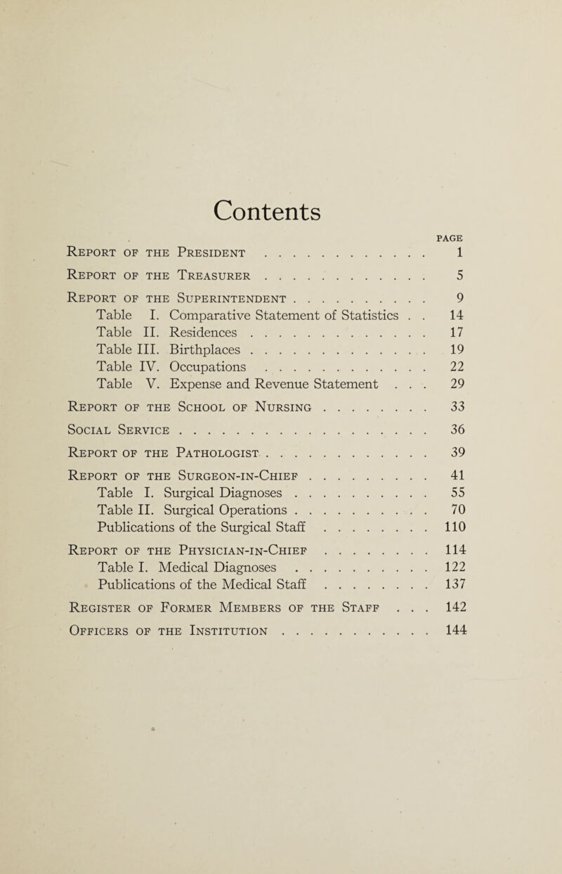 Contents PAGE Report of the President . 1 Report of the Treasurer. 5 Report of the Superintendent. 9 Table I. Comparative Statement of Statistics . . 14 Table II. Residences. 17 Table III. Birthplaces. 19 Table IV. Occupations . 22 Table V. Expense and Revenue Statement ... 29 Report of the School of Nursing. 33 Social Service. 36 Report of the Pathologist. 39 Report of the Surgeon-in-Chief. 41 Table I. Surgical Diagnoses. 55 Table II. Surgical Operations. 70 Publications of the Surgical Staff.110 Report of the Physician-in-Chief.114 Table I. Medical Diagnoses .122 Publications of the Medical Staff.137 Register of Former Members of the Staff . . . 142 Officers of the Institution.144
