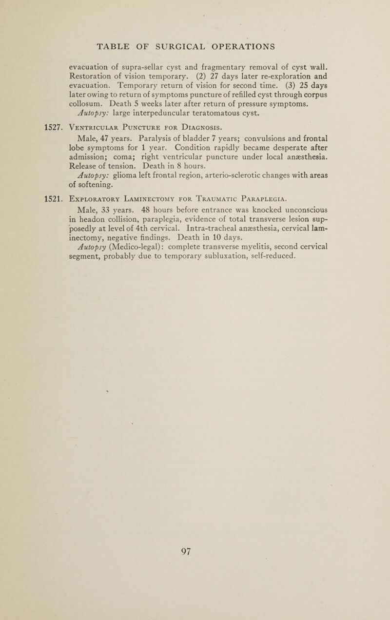 evacuation of supra-sellar cyst and fragmentary removal of cyst wall. Restoration of vision temporary. (2) 27 days later re-exploration and evacuation. Temporary return of vision for second time. (3) 25 days later owing to return of symptoms puncture of refilled cyst through corpus collosum. Death 5 weeks later after return of pressure symptoms. Autopsy: large interpeduncular teratomatous cyst. 1527. Ventricular Puncture for Diagnosis. Male, 47 years. Paralysis of bladder 7 years; convulsions and frontal lobe symptoms for 1 year. Condition rapidly became desperate after admission; coma; right ventricular puncture under local anaesthesia. Release of tension. Death in 8 hours. Autopsy: glioma left frontal region, arterio-sclerotic changes with areas of softening. 1521. Exploratory Laminectomy for Traumatic Paraplegia. Male, 33 years. 48 hours before entrance was knocked unconscious in headon collision, paraplegia, evidence of total transverse lesion sup¬ posedly at level of 4th cervical. Intra-tracheal anaesthesia, cervical lam¬ inectomy, negative findings. Death in 10 days. Autopsy (Medico-legal): complete transverse myelitis, second cervical segment, probably due to temporary subluxation, self-reduced.