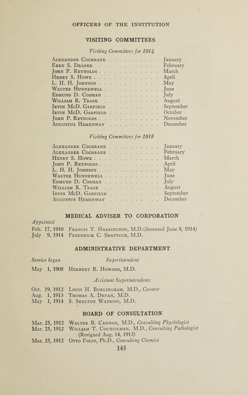 VISITING COMMITTEES Visiting Committees for 1914 Alexander Cochrane.January Eben S. Draper .February John P. Reynolds.March Henry S. Howe.April L. H. H. Johnson.May Walter Hunnewell.June Edmund D. Codman.July William R. Trask .August Irvin McD. Garfield.September Irvin McD. Garfield.October John P. Reynolds.November Augustus Hemenway.December Visiting Committees for 1915 Alexander Cochrane . January Alexander Cochrane.February Henry S. Howe.March John P. Reynolds.April L. H. H. Johnson.. May Walter Hunnewell.June Edmund D. Codman.July William R. Trask .August Irvin McD. Garfield.September Augustus Hemenway.December MEDICAL ADVISER TO CORPORATION Appointed Feb. 17, 1910 Francis T. Harrington, M.D.(deceased June 8, 1914) July 9, 1914 Frederick C. Shattuck, M.D. ADMINISTRATIVE DEPARTMENT Service began Superintendent May 1, 1908 Herbert B. Howard, M.D. Assistant Superintendents Oct. 19, 1912 Louis H. Burlingham, M.D., Curator Aug. 1, 1913 Thomas A. Devan, M.D. May 1, 1914 S. Shelton Watkins, M.D. BOARD OF CONSULTATION Mar. 25, 1912 Walter B. Cannon, M.D., Consulting Physiologist Mar. 25, 1912 William T. Councilman, M.D., Consulting Pathologist (Resigned Aug. 14, 1913) Mar. 25, 1912 Otto Folin, Ph.D., Consulting Chemist