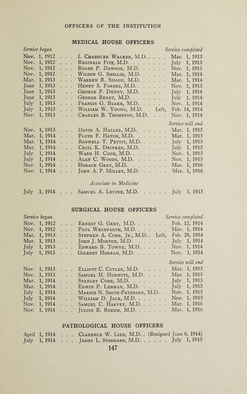 Service began Nov. 1, 1912 Nov. 1, 1912 Nov. 1, 1912 Nov. 1, 1912 Mar. 1, 1913 June 1, 1913 June 1, 1913 June 1, 1913 July 1, 1913 July 1, 1913 Nov. 1, 1913 Nov. 1, 1913 Mar. 1, 1914 Mar. 1, 1914 Mar. 1, 1914 July 1, 1914 July 1, 1914 Nov. 1, 1914 Nov. 1, 1914 July 1, 1914 Service began Nov. 1, 1912 Nov. 1, 1912 Mar. 1, 1913 Mar. 1, 1913 July 1, 1913 July 1,1913 Nov. 1, 1913 Nov. 1, 1913 Mar. 1, 1914 Mar. 1, 1914 July 1, 1914 July 1, 1914 Nov. 1, 1914 Nov. 1, 1914 April 1, 1914 July 1, 1914 MEDICAL HOUSE OFFICERS Service completed . . . I. Chandler Walker, M.D. Mar. 1, 1913 . . . Reginald Fitz, M.D.July 1, 1913 . . . Roger P. Dawson, M.D.Nov. 1, 1913 . . . Wilson G. Smillie, M.D.Mar. 1, 1914 . . . Warren R. Sisson, M.D.Mar. 1, 1914 . . . Henry S. Forbes, M.D.Nov. 1, 1913 . . . George P. Denny, M.D.July 1, 1914 . . . George Benet, M.D.July 1, 1914 . . . Francis G. Blake, M.D.Nov. 1, 1914 . . . William W. Young, M.D. . Left, Feb. 14, 1914 . . . Charles B. Thompson, M.D. . . . Nov. 1, 1914 Service will end . . . David A. Haller, M.D.Mar. 1, 1915 . . . Floyd F. Hatch, M.D.Mar. 1, 1915 . . . Roswell T. Pettit, M.D.July 1, 1915 . . . Cecil K. Drinker, M.D.July 1, 1915 . . . Ward H. Cook, M.D.Nov. 1, 1915 . . . Alan C. Woods, M.D.Nov. 1, 1915 . . . Horace Gray, M.D.Mar. 1, 1916 . . . John A. P. Millet, M.D.Mar. 1, 1916 Associate in Medicine . . . Samuel A. Levine, M.D.July 1, 1915 SURGICAL HOUSE OFFICERS Service completed . . . Ernest G. Grey, M.D.Feb. 12, 1914 . . . Paul Wegefarth, M.D.Mar. 1, 1914 . . . Stephen A. Cobb, Jr., M.D.. Left, Feb. 28, 1914 . . . John J. Morton, M.D.July 1, 1914 . . . Edward B. Towne, M.D.Nov. 1, 1914 . . . Gilbert Horrax, M.D.Nov. 1, 1914 Service will end . . . Elliott C. Cutler, M.D.Mar. 1, 1915 . . . Samuel H. Hurwitz, M.D.Mar. 1, 1915 . . . Stanley Cobb, M.D.July 1, 1915 . . . Edwin P. Lehman, M.D.July 1, 1915 . . . Marius N. Smith-Petersen, M.D. . Nov. 1, 1915 . . . William D. Jack, M.D.Nov. 1, 1915 . . . Samuel C. Harvey, M.D.Mar. 1, 1916 . . . Julius B. Boehm, M.D.Mar. 1, 1916 PATHOLOGICAL HOUSE OFFICERS . . . Clarence W. Lieb, M.D. . (Resigned June 6, 1914) . . . James L. Stoddard, M.D.July 1, 1915