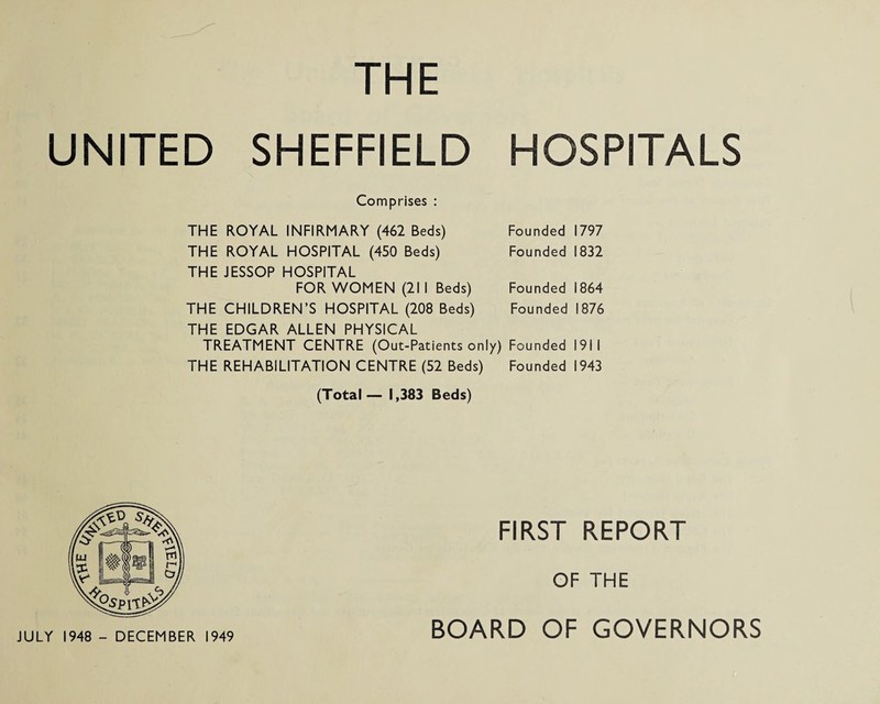 THE UNITED SHEFFIELD HOSPITALS Comprises : THE ROYAL INFIRMARY (462 Beds) Founded THE ROYAL HOSPITAL (450 Beds) Founded THE JESSOP HOSPITAL FOR WOMEN (21 I Beds) Founded THE CHILDREN’S HOSPITAL (208 Beds) Founded THE EDGAR ALLEN PHYSICAL TREATMENT CENTRE (Out-Patients only) Founded THE REHABILITATION CENTRE (52 Beds) Founded 1797 1832 1864 1876 191 I 1943 (Total — 1,383 Beds) FIRST REPORT OF THE BOARD OF GOVERNORS