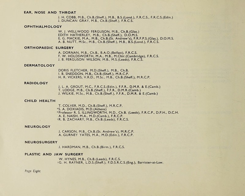 EAR, NOSE AND THROAT J. H. COBB, M.B., Ch.B.(Sheff.), M.B., B.S.(Lond.), F.R.C.S., F.R.C.S.(Edin.) J. DUNCAN GRAY, M.B., Ch.B.(Sheff.), F.R.C.S. OPHTHALMOLOGY W. J. WELLWOOD FERGUSON, M.B., Ch.B.(Glas.) EDITH HATHERLEY, M.B., Ch.B.(Sheff.), D.O.M.S. E. G. MACKIE, M.A., M.B., Ch.B.(St. Andrew’s), F.R.F.P.S.(Glas.), D.O.M.S. A. B. NUTT, M.Sc., M.B., Ch.B.(Sheff.), M.B., B.S.(Lond.), F.R.C.S. ORTHOPAEDIC SURGERY A. DORNAN, M.B., Ch.B., B.A.O.(Belfast), F.R.C.S. F. W. HOLDSWORTH, M.A., M.B., M.Chir.(Cambridge), F.R.C.S. J. B. FERGUSON WILSON, M.B., M.S.(Leeds), F.R.C.S. DERMATOLOGY DORIS FLETCHER, M.D.(Sheff.), M.B., Ch.B. I. B. SNEDDON, M.B., Ch.B.(Sheff.), M.R.C.P. H. R. VICKERS, V.R.D., M.Sc., M.B., Ch.B.(Sheff.), M.R.C.P. RADIOLOGY J. L. A. GROUT, M.C., F.R.C.S.(Edin.), F.F.R., D.M.R. & E.(Camb.) T. LODGE, M.B., Ch.B.(Sheff.), F.F.R., D.M.R.(Camb.) J. WILKIE, M.Sc., M.B., Ch.B.(Sheff.), F.F.R., D.M.R. & E.(Camb.) CHILD HEALTH T. COLVER, M.D., Ch.B.(Sheff.), M.R.C.P. *S. A. DOXIADIS, M.D.(Athens) * Professor R. S. ILLINGWORTH, M.D., Ch.B. (Leeds), F.R.C.P., D.P.H., D.C.H. A. E. NAISH, M.A., M.D.(Camb.), F.R.C.P. +R. B. ZACHARY, M.B., Ch.B.(Leeds), F.R.C.S. NEUROLOGY J. CARSON, M.B., Ch.B.(St. Andrew’s), M.R.C.P. A. GURNEY YATES, M.A., M.D.(Edin.), F.R.C.P. NEUROSURGERY J. HARDMAN, M.B., Ch.B.(Birm.), F.R.C.S. PLASTIC AND JAW SURGERY W. HYNES, M.B., Ch.B.(Leeds), F.R.C.S. tG. H. RAYNER, L.D.S.(Sheff.), F.D.S.R.C.S.(Eng.), Barrister-at-Law. Page Eight