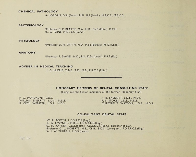 CHEMICAL PATHOLOGY tA. JORDAN, D.Sc.(Stras.), M.B., B.S.(Lond.), M.R.C.P., M.R.C.S. BACTERIOLOGY * Professor C. P. BEATTIE, M.A., M.B., Ch.B.(Edin.), D.P.H. fC. G. PAINE, M.D., B.S.(Lond.) PHYSIOLOGY * Professor D. H. SMYTH, M.D., M.Sc.(Belfast), Ph.D.(Lond.) ANATOMY * Professor F. DAVIES, M.D., B.S., D.Sc.(Lond.), F.R.S.(Ed.) ADVISER IN MEDICAL TEACHING J. G. McCRIE, O.B.E., T.D., M.B., F.R.C.P.(Edin.) HONORARY MEMBERS OF DENTAL CONSULTING STAFF (being retired Senior members of the former Honorary Staff) F. G. MORDAUNT, L.D.S. WILLIAM SKERRITT, L.D.S., M.D.S R. CECIL WEBSTER, L.D.S., M.D.S. J. H. SKERRITT, L.D.S., M.D.S. P. S. STOKES, L.D.S., M.D.S. CLIFFORD T. WATSON, L.D.S., M. CONSULTANT DENTAL STAFF W. R. BOOTH, L.D.S.R.C.S.(Eng.). R. G. GWYNNE, M.B.E., L.D.S.R.C.S.(Eng.) tG. H. RAYNER, L.D.S.(Sheff.), F.D.S.R.C.S.(Eng.), Barrister-at-Law. ^Professor G. L. ROBERTS, M.B., Ch.B., B.D.S. (Liverpool), F.D.S.R.C.S.(Eng.) *A. J. W. TURRELL, L.D.S.(Leeds). D.S.