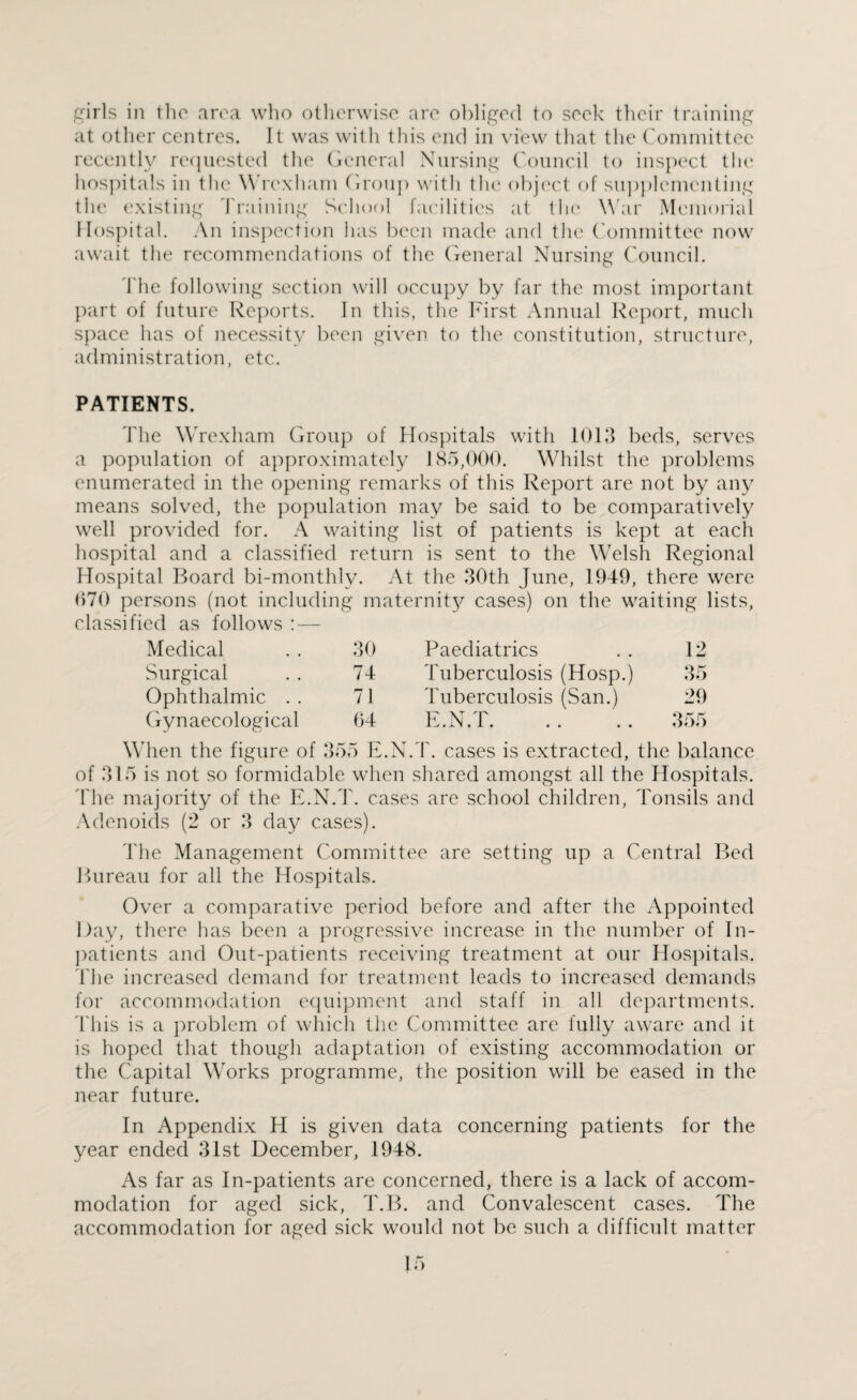 girls in the area who otherwise arc obliged to seek their training at other centres. It was with this end in view that the Committee recently requested the General Nursing Council to inspect the hospitals in the Wrexham Group with the object of supplementing the existing Training School facilities at the War Memorial Hospital. An inspection has been made and the Committee now await the recommendations of the General Nursing Council. The following section will occupy by far the most important part of future Reports. In this, the First Annual Report, much space has of necessity been given to the constitution, structure, administration, etc. PATIENTS. I'lie Wrexham Group of Hospitals with 1013 beds, serves a population of approximately 185,000. Whilst the problems enumerated in the opening remarks of this Report are not by any means solved, the population may be said to be comparatively well provided for. A waiting list of patients is kept at each hospital and a classified return is sent to the Welsh Regional Hospital Board bi-monthly. At the 30th June, 1949, there were 070 persons (not including maternity cases) on the waiting lists, classified as follows : — Medical 30 Paediatrics 12 Surgical 74 Tuberculosis (Hosp.) 35 Ophthalmic . . 71 Tuberculosis (San.) 29 Gynaecological 04 E N T i i • x • • • •« 355 When the figure of 355 E.N.T. cases is extracted, the balance of 315 is not so formidable when shared amongst all the Hospitals. The majority of the E.N.T. cases are school children, Tonsils and Adenoids (2 or 3 day cases). The Management Committee are setting up a Central Bed Bureau for all the Hospitals. Over a comparative period before and after the Appointed Day, there has been a progressive increase in the number of In¬ patients and Out-patients receiving treatment at our Hospitals. Idie increased demand for treatment leads to increased demands for accommodation equipment and staff in all departments. 1 his is a problem of which the Committee are fully aware and it is hoped that though adaptation of existing accommodation or the Capital Works programme, the position will be eased in the near future. In Appendix H is given data concerning patients for the year ended 31st December, 1948. As far as In-patients are concerned, there is a lack of accom¬ modation for aged sick, T.B. and Convalescent cases. The accommodation for aged sick would not be such a difficult matter