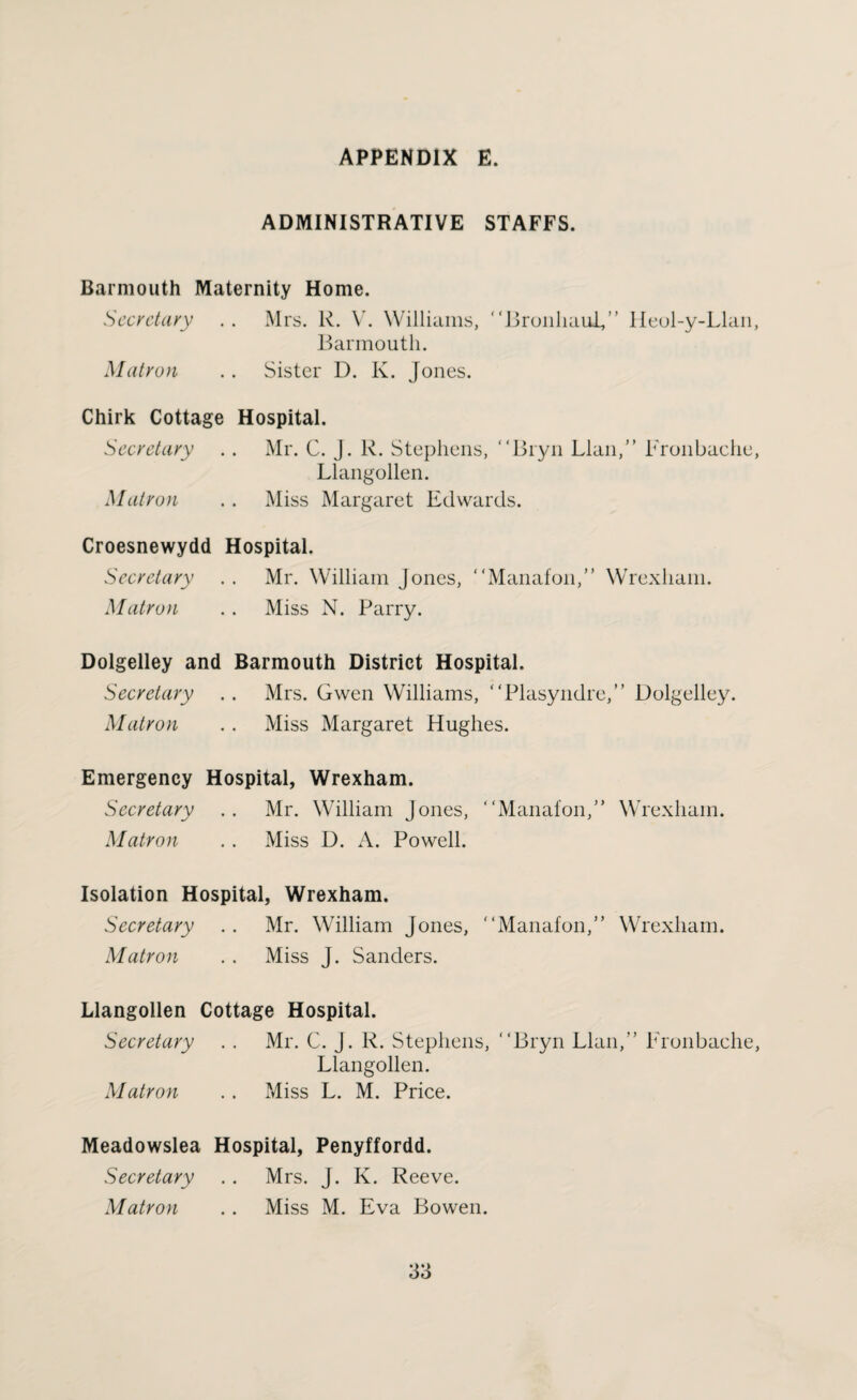 ADMINISTRATIVE STAFFS. Barmouth Maternity Home. Secretary .. Mrs. R. V. Williams, “Bronhaul/’ Heol-y-Llan, Barmouth. Matron .. Sister D. K. Jones. Chirk Cottage Hospital. Secretary .. Mr. C. J. R. Stephens, “Bryn Blau,” Fronbache, Llangollen. Matron . . Miss Margaret Edwards. Croesnewydd Hospital. Secretary .. Mr. William Jones, “Manafon,” Wrexham. Matron . . Miss N. Parry. Dolgelley and Barmouth District Hospital. Secretary . . Mrs. Gwen Williams, “Plasyndre,” Dolgelley. Matron .. Miss Margaret Hughes. Emergency Hospital, Wrexham. Secretary .. Mr. William Jones, “Manafon/’ Wrexham. Matron . . Miss D. A. Powell. Isolation Hospital, Wrexham. Secretary .. Mr. William Jones, “Manafon,” Wrexham. Matron .. Miss J. Sanders. Llangollen Cottage Hospital. Secretary . . Mr. C. J. R. Stephens, “Bryn Llan,” Fronbache, Llangollen. Matron . . Miss L. M. Price. Meadowslea Hospital, Penyffordd. Secretary . . Mrs. J. K. Reeve. Matron .. Miss M. Eva Bowen.