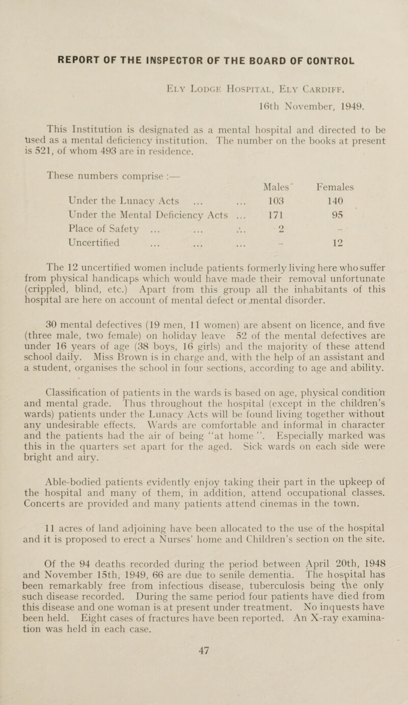 REPORT OF THE INSPECTOR OF THE BOARD OF CONTROL Ely Lodge Hospital, Ely Cardiff. 16th November, 1949. This Institution is designated as a mental hospital and directed to be Used as a mental deficiency institution. The number on the books at present is 521, of whom 493 are in residence. These numbers comprise :— Males * F emales Under the Lunacy Acts 103 140 Under the Mental Deficiency Acts ... 171 95 Place of Safety o JmU — - Uncertified — 12 The 12 uncertified women include patients formerly living here who suffer from physical handicaps which would have made their removal unfortunate (crippled, blind, etc.) Apart from this group all the inhabitants of this hospital are here on account of mental defect or mental disorder. 30 mental defectives (19 men, 11 women) are absent on licence, and five (three male, two female) on holiday leave 52 of the mental defectives are under 16 years of age (38 boys, 16 girls) and the majority of these attend school daily. Miss Brown is in charge and, with the help of an assistant and a student, organises the school in four sections, according to age and ability. Classification of patients in the wards is based on age, physical condition and mental grade. Thus throughout the hospital (except in the children’s wards) patients under the Lunacy Acts will be found living together without any undesirable effects. Wards are comfortable and informal in character and the patients had the air of being “at home Especially marked was this in the quarters set apart for the aged. Sick wards on each side were bright and airy. Able-bodied patients evidently enjoy taking their part in the upkeep of the hospital and many of them, in addition, attend occupational classes. Concerts are provided and many patients attend cinemas in the town. 11 acres of land adjoining have been allocated to the use of the hospital and it is proposed to erect a Nurses’ home and Children’s section on the site. Of the 94 deaths recorded during the period between April 20th, 1948 and November 15th, 1949, 66 are due to senile dementia. The hospital has been remarkably free from infectious disease, tuberculosis being the only such disease recorded. During the same period four patients have died from this disease and one woman is at present under treatment. No inquests have been held. Eight cases of fractures have been reported. An X-ray examina¬ tion was held in each case.