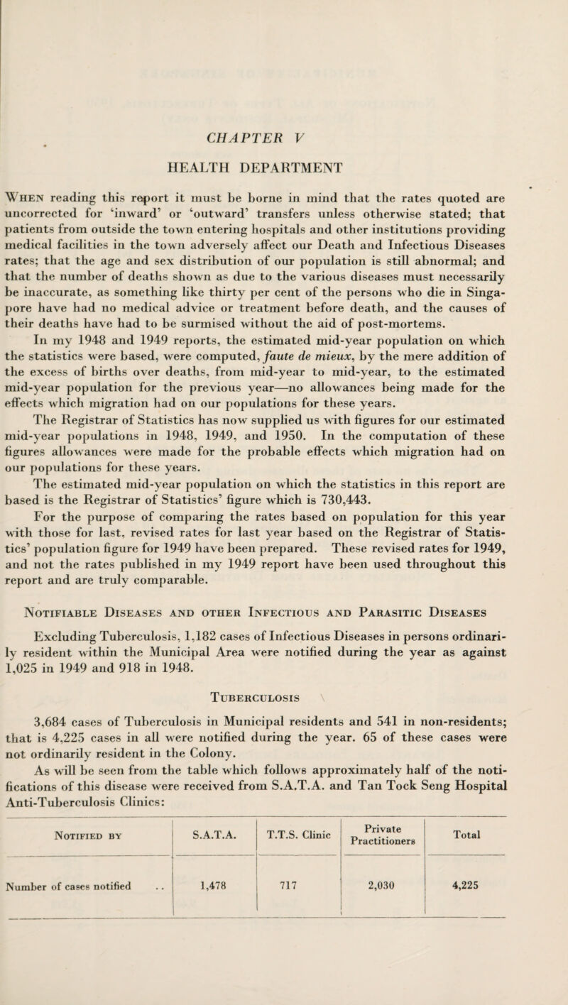 CHAPTER V HEALTH DEPARTMENT When reading this report it must be borne in mind that the rates quoted are uncorrected for ‘inward’ or ‘outward’ transfers unless otherwise stated; that patients from outside the town entering hospitals and other institutions providing medical facilities in the town adversely affect our Death and Infectious Diseases rates; that the age and sex distribution of our population is still abnormal; and that the number of deaths shown as due to the various diseases must necessarily be inaccurate, as something like thirty per cent of the persons who die in Singa¬ pore have had no medical advice or treatment before death, and the causes of their deaths have had to be surmised without the aid of post-mortems. In my 1948 and 1949 reports, the estimated mid-year population on which the statistics were based, were computed, faute de mieux, by the mere addition of the excess of births over deaths, from mid-year to mid-year, to the estimated mid-year population for the previous year—no allowances being made for the effects which migration had on our populations for these years. The Registrar of Statistics has now supplied us with figures for our estimated mid-year populations in 1948, 1949, and 1950. In the computation of these figures allowances were made for the probable effects which migration had on our populations for these years. The estimated mid-year population on which the statistics in this report are based is the Registrar of Statistics’ figure which is 730,443. For the purpose of comparing the rates based on population for this year with those for last, revised rates for last year based on the Registrar of Statis¬ tics’ population figure for 1949 have been prepared. These revised rates for 1949, and not the rates published in my 1949 report have been used throughout this report and are truly comparable. Notifiable Diseases and other Infectious and Parasitic Diseases Excluding Tuberculosis, 1,182 cases of Infectious Diseases in persons ordinari¬ ly resident within the Municipal Area were notified during the year as against 1,025 in 1949 and 918 in 1948. Tuberculosis 3,684 cases of Tuberculosis in Municipal residents and 541 in non-residents; that is 4,225 cases in all were notified during the year. 65 of these cases were not ordinarily resident in the Colony. As will be seen from the table which follows approximately half of the noti¬ fications of this disease were received from S.A.T.A. and Tan Tock Seng Hospital Anti-Tuberculosis Clinics: Notified by S.A.T.A. T.T.S. Clinic Private Practitioners Total Number of cases notified 1,478 717 2,030 4,225