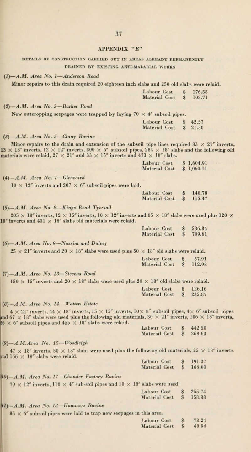 APPENDIX “E” DETAILS OF CONSTRUCTION CARRIED OUT IN AREAS ALREADY PERMANENTLY DRAINED BY EXISTING ANTI-MALARIAL WORKS (1) —A.M. Area No. 1—Anderson Road Minor repairs to this drain required 20 eighteen inch slabs and 250 old slabs were relaid. Labour Cost $ 176.58 Material Cost $ 108.71 (2) —A.M. Area No. 2—Barker Road New outcropping seepages were trapped by laying 70 X 4 subsoil pipes. Labour Cost $ 42.57 Material Cost $ 21.30 (3)—A.M. Area No. 5—Cluny Ravine Minor repairs to the drain and extension of the subsoil pipe lines required 83 X 21 inverts, 13 X 18 inverts, 12 X 12 inverts, 300 X 6 subsoil pipes, 284 X 18 slabs and the following old materials were relaid, 27 X 21 and 33 X 15 inverts and 473 X 18 slabs. Labour Cost $ 1,604.91 Material Cost $ 1,060.11 (4)—A.M. Area No. 7—Glencaird 10 X 12 inverts and 207 X 6 subsoil pipes were laid. Labour Cost Material Cost 140.78 115.47 (5)—A.M. Area No. 8—Kings Road Tyersall 205 X 18 inverts, 12 X 15 inverts, 10 X 12 inverts and 85 X 18 slabs were used plus 120 X 18 inverts and 431 X 18 slabs old materials were relaid. Labour Cost $ 536.84 Material Cost $ 709.61 (6)—A.M. Area No. 9—Nassim and Dalvey 25 X 21 inverts and 20 X 18 slabs were used plus 50 X 18 old slabs were relaid. Labour Cost $ 57.91 Material Cost $ 112.93 (7)—A.M. Area No. 13—Stevens Road 150 X 15 inverts and 20 X 18 slabs were used plus 20 X 18 old slabs were relaid. Labour Cost $ 126.16 Material Cost $ 235.87 (8)—A.M. Area No. 14—Watten Estate 4 X 21 inverts, 44 X 18 inverts, 15 X 15 inverts, 10X 8 subsoil pipes, 4x 6 subsoil pipes .nd 67 X 18 slabs were used plus the following old materials, 30 X 21 inverts, 106 X 18 inverts, 6 X 6 subsoil pipes and 455 X 18 slabs were relaid. Labour Cost $ 442.50 Material Cost $ 268.63 I (9)—A.M. Area No. 15—Woodleigh 47 X 18 inverts, 50 X 18 slabs were used plus the following old materials, 25 X 18 inverts tnd 166 X 18 slabs were relaid. Labour Cost $ 191.37 Material Cost $ 166.03 U0)-A .M. Area No. 17—Chander Factory Ravine 79 X 12 inverts, 110 X 4 sub-soil pipes and 10 X 18 slabs were used. Labour Cost $ Material Cost $ Hl)-A ,M. Area No. 18—Hammers Ravine 86 X 6 subsoil pipes were laid to trap new seepages in this area. Labour Cost $ Material Cost $ 255.74 158.88 78.24 48.94