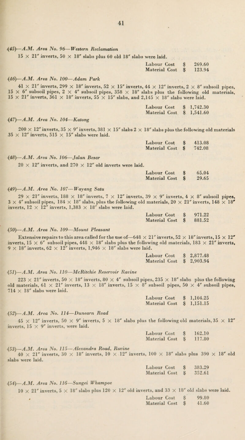 (45) —A.M. Area No. 96—Western Reclamation 15 X 21 inverts, 50 X 18 slabs plus 60 old 18 slabs were laid. Labour Cost $ 269.60 Material Cost $ 123.94 (46) —A.M. Area No. 100—Adam Park 41 X 21 inverts, 299 X 18 inverts, 52 x 15 inverts, 44 X 12 inverts, 2 X 8 subsoil pipes, 15 X 6 subsoil pipes, 2 X 4 subsoil pipes, 358 X 18 slabs plus the following old materials, 15 X 21 inverts, 361 X 18 inverts, 55 X 15 slabs, and 2,145 X 18 slabs were laid. Labour Cost $ 1,742.30 Material Cost $ 1,541.60 (47) —A.M. Area No. 104—Katong 200 X 12 inverts, 35 X 9 inverts, 381 X 15 slabs 2 X 18 slabs plus the following old materials 35 X 12 inverts, 515 X 15 slabs were laid. Labour Cost $ 413.08 Material Cost $ 742.08 (48) —A.M. Area No. 106—Jalan Besar 20 X 12 inverts, and 270 X 12 old inverts were laid. Labour Cost $ 65.04 Material Cost $ 29.65 (49)—A.M. Area No. 107—Wayang Satu 29 X 21 inverts, 188 X 18 inverts, 7 X 12 inverts, 39 X 9 inverts, 4 X 8 subsoil pipes, 3 X 4 subsoil pipes, 184 X 18 slabs, plus the following old materials, 20 X 21 inverts, 148 X 18' inverts, 12 X 12 inverts, 1,383 X 18 slabs were laid. Labour Cost $ 971.22 Material Cost $ 881.52 (50)—A.M. Area No. 109—Mount Pleasant Extensive repairs to this area called for the use of—648 X 21 inverts, 52 X 18 inverts, 15 X 12' inverts, 15 X 6 subsoil pipes, 448 X 18 slabs plus the following old materials, 183 X 21 inverts, 9 X 18 inverts, 62 X 12 inverts, 1,946 X 18 slabs were laid. Labour Cost $ 2,877.48 Material Cost $ 2,903.94 (51)—A.M. Area No. 110—McRitchie Reservoir Ravine 223 X 21 inverts, 50 X 18 inverts, 80 X 4 subsoil pipes, 235 X 18 slabs plus the following old materials, 61 X 21 inverts, 13 X 18 inverts, 15 X 8 subsoil pipes, 50 X 4 subsoil pipes, 714 X 18 slabs were laid. Labour Cost $ 1,104.25 Material Cost $ 1,151.15 (52) —A.M. Area No. 114—Dunearn Road 45 X 12 inverts, 50 X 9 inverts, 5 X 18 slabs plus the following old materials, 35 X 12 inverts, 15 X 9 inverts, were laid. Labour Cost $ 162.10 Material Cost $ 117.80 (53) —A.M. Area No. 115—Alexandra Road, Ravine 40 X 21 inverts, 30 X 18 inverts, 10 X 12 inverts, 100 X 18 slabs plus 390 X 18 old slabs were laid. Labour Cost $ 383.29 Material Cost $ 352.61 (54)—A.M. Area No. 116—Sungei Whampoe 10 X 21 inverts, 5 X 18 slabs plus 120 X 12 old inverts, and 33 X 18 old slabs were laid. Labour Cost $ 99.80