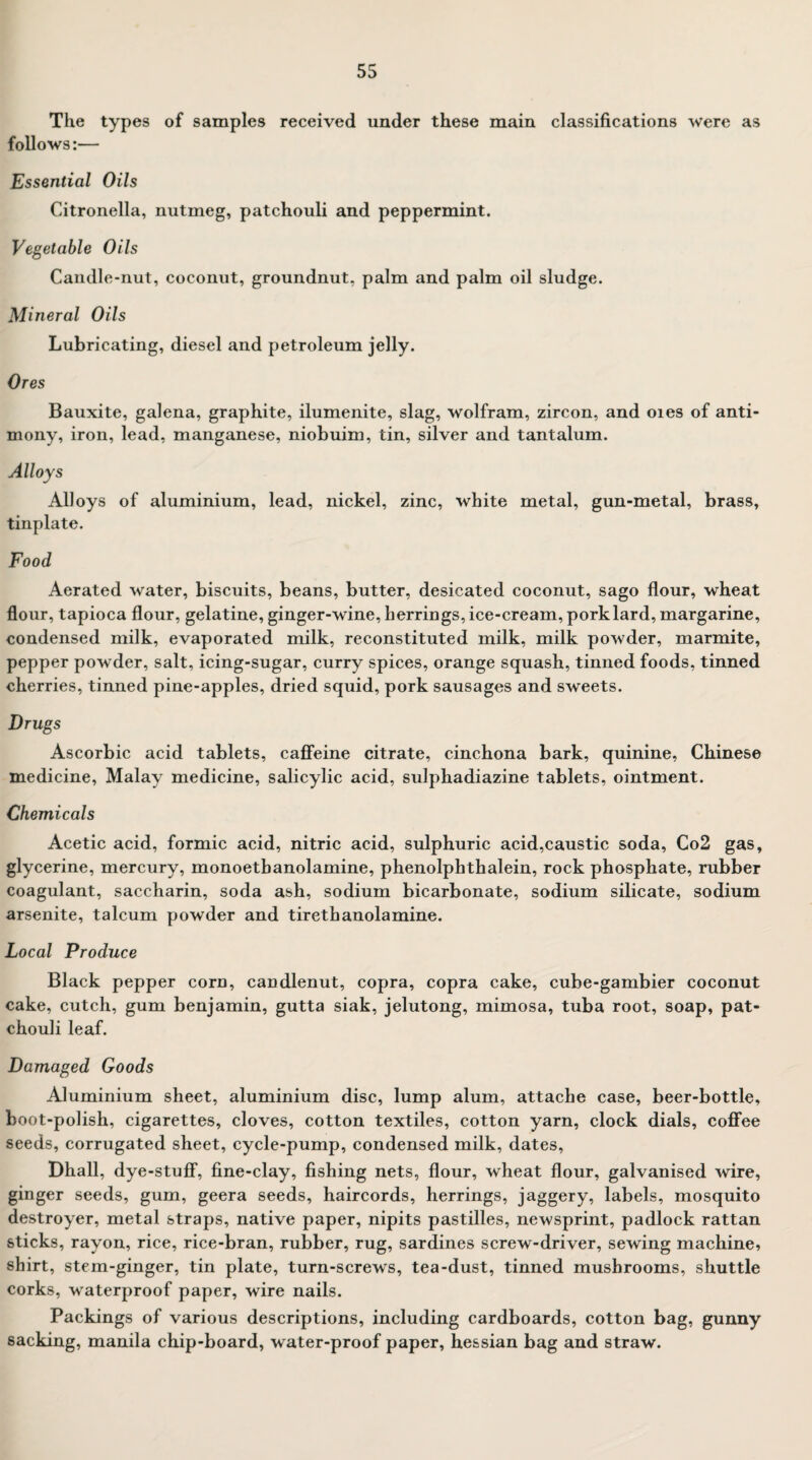 The types of samples received under these main classifications were as follows:— Essential Oils Citronella, nutmeg, patchouli and peppermint. Vegetable Oils Candle-nut, coconut, groundnut, palm and palm oil sludge. Mineral Oils Lubricating, diesel and petroleum jelly. Ores Bauxite, galena, graphite, ilumenite, slag, wolfram, zircon, and oies of anti¬ mony, iron, lead, manganese, niobuim, tin, silver and tantalum. Alloys Alloys of aluminium, lead, nickel, zinc, white metal, gun-metal, brass, tinplate. Food Aerated water, biscuits, beans, butter, desicated coconut, sago flour, wheat flour, tapioca flour, gelatine, ginger-wine, herrings, ice-cream, pork lard, margarine, condensed milk, evaporated milk, reconstituted milk, milk powder, marmite, pepper powder, salt, icing-sugar, curry spices, orange squash, tinned foods, tinned cherries, tinned pine-apples, dried squid, pork sausages and sweets. Drugs Ascorbic acid tablets, caffeine citrate, cinchona bark, quinine, Chinese medicine, Malay medicine, salicylic acid, sulphadiazine tablets, ointment. Chemicals Acetic acid, formic acid, nitric acid, sulphuric acid,caustic soda, Co2 gas, glycerine, mercury, monoetbanolamine, phenolphthalein, rock phosphate, rubber coagulant, saccharin, soda ash, sodium bicarbonate, sodium silicate, sodium arsenite, talcum powder and tirethanolamine. Local Produce Black pepper corn, candlenut, copra, copra cake, cube-gambier coconut cake, cutch, gum benjamin, gutta siak, jelutong, mimosa, tuba root, soap, pat¬ chouli leaf. Damaged Goods Aluminium sheet, aluminium disc, lump alum, attache case, beer-bottle, boot-polish, cigarettes, cloves, cotton textiles, cotton yarn, clock dials, coffee seeds, corrugated sheet, cycle-pump, condensed milk, dates, Dhall, dye-stuff, fine-clay, fishing nets, flour, wheat flour, galvanised wire, ginger seeds, gum, geera seeds, haircords, herrings, jaggery, labels, mosquito destroyer, metal straps, native paper, nipits pastilles, newsprint, padlock rattan sticks, rayon, rice, rice-bran, rubber, rug, sardines screw-driver, sewing machine, shirt, stem-ginger, tin plate, turn-screws, tea-dust, tinned mushrooms, shuttle corks, waterproof paper, wire nails. Packings of various descriptions, including cardboards, cotton bag, gunny sacking, manila chip-board, water-proof paper, hessian bag and straw.