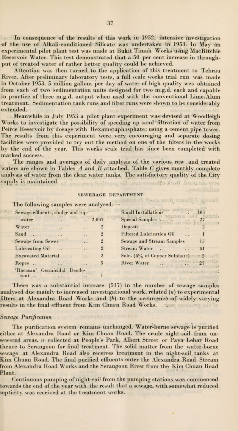 In consequence of the results of this work in 1952, intensive investigation •of the use of Alkali-conditioned Silicate was undertake^ in 1953. In May an experimental pilot plant test was made at Bukit Timah Works using MacRitchie Reservoir Water. This test demonstrated that a 50 per cent increase in through¬ put of treated water of rather better quality could be achieved. Attention was then turned to the application of this treatment to Tebrau River. After preliminary laboratory tests, a full scale works trial run was made in October 1953. 5 million gallons per day of water of high quality was obtained from each of two sedimentation units designed for two m.g.d. each and capable in practice of three m.g.d. output when used with the conventional Lime/Alum treatment. Sedimentation tank runs and filter runs were shown to be considerably extended. Meanwhile in July 1953 a pilot plant experiment was devised at Woodleigh Works to investigate the possibility of speeding up sand filtration of water from Peirce Reservoir by dosage with Hexainetaphosphate: using a cement pipe tower. The results from this experiment were very encouraging and separate dosing facilities were provided to try out the method on one of the filters in the works by the end of the year. This works scale trial has since been completed with marked success. The ranges and averages of daily analysis of the various raw and treated w'aters are shown in Tables A and B attached. Table C gives monthly complete analysis of water from the clear water tanks. The satisfactory quality of the City supply is maintained. n f u SEWERAGE DEPARTMENT The following samples were analysed: • • • %-v» to k Sewage effluents, sludge and top- Small Installations . 1 405 water 2,807 Special Samples . . 27 Water . . 2 Deposit 2 Sand 2 Filtered Lubrication Oil 1 Sewage from Sewer 2 Sewage and Stream Samples 15 Lubricating Oil 2 Stream W ater 51 Excavated Material 2 Soln. (5% of Copper Sulphate) •2 Ropes .. 5 River Water .. 27 ■Racasan’ Germicidal Deodo- rant .. 1 There was a substantial increase (517) in the number of sewage samples analysed due mainly to increased investigational work, related (a) to experimental filters at Alexandra Road Works and (b) to the occurrence of widely varying results in the final effluent from Kim Chuan Road Works. Sewage Purification The purification system remains unchanged. Water-borne sewage is purified either at Alexandra Road or Kim Chuan Road. The crude night-soil from un¬ sewered areas, is collected at People’s Park, Albert Street or Paya Lebar Road thence to Serangoon for final treatment. The solid matter from the water-borne sewage at Alexandra Road also receives treatment in the night-soil tanks at Kim Chuan Road. The final purified effluents enter the Alexandra Road Stream from Alexandra Road Works and the Serangoon River from the Kim Chuan Road Plant. Continuous pumping of night-soil from the pumping stations was commenced towards the end of the year w ith the result that a sewage, w ith somewhat reduced septicity was received at the treatment works.