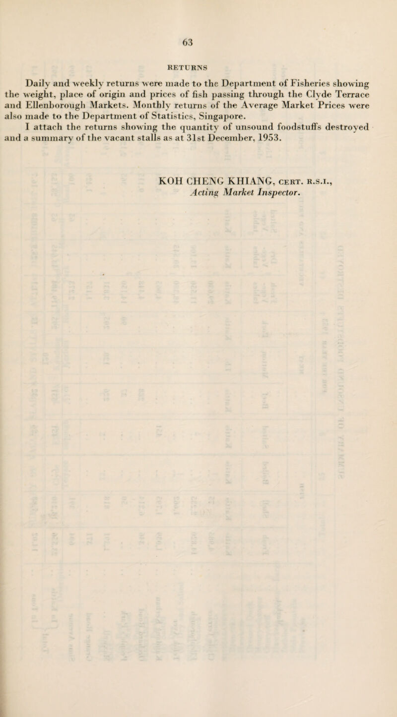 RETURNS Daily and weekly returns were made to the Department of Fisheries showing the weight, place of origin and prices of fish passing through the Clyde Terrace and Ellenborough Markets. Monthly returns of the Average Market Prices were also made to the Department of Statistics, Singapore. I attach the returns showing the quantity of unsound foodstuffs destroyed and a summary of the vacant stalls as at 31st December, 1953. KOH CHENG KHIANG, cert, r.s.i.. Acting Market Inspector.