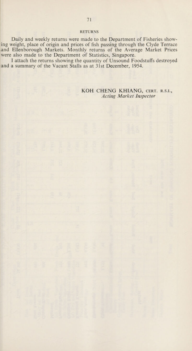 Daily and weekly returns were made to the Department of Fisheries show¬ ing weight, place of origin and prices of fish passing through the Clyde Terrace and Ellenborough Markets. Monthly returns of the Average Market Prices were also made to the Department of Statistics, Singapore. 1 attach the returns showing the quantity of Unsound Foodstuffs destroyed and a summary of the Vacant Stalls as at 31st December, 1954. KOH CHENG KHIANG, cert, r.s.i., Acting Market Inspector