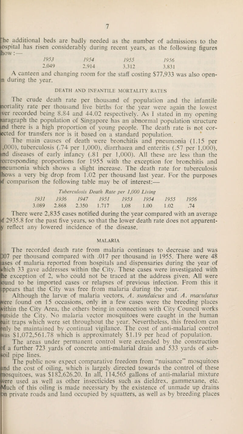 rhe additional beds are badly needed as the number of admissions to the lospital has risen considerably during recent years, as the following figures mow: — 1953 1954 1955 1956 7.049 2,914 3,312 3,831 A canteen and changing room for the staff costing $77,933 was also open- n during the year. DEATH AND INFANTILE MORTALITY RATES 1 he crude death rate per thousand of population and the infantile mortality rate per thousand live births for the year were again the lowest jver recorded being 8.84 and 44.02 respectively. As I stated in my opening paragraph the population of Singapore has an abnormal population structure tnd there is a high proportion of young people. The death rate is not cor¬ seted for transfers nor is it based on a standard population. The main causes of death were bronchitis and pneumonia (1.15 per ,000), tuberculosis (.74 per 1,000), diarrhaoea and enteritis (.57 per 1,000), tnd diseases of early infancy (.81 per 1,000). All these are less than the Corresponding proportions for 1955 with the exception for bronchitis and pneumonia which shows a slight increase. The death rate for tuberculosis Ihows a very big drop from 1.02 per thousand last year. For the purposes n comparison the following table may be of interest:— Tuberculosis Death Rate per 1,000 Living 1931 1936 1947 1951 1953 1954 1955 1956 3.089 2.868 2.350 1.717 L08 1.00 1.02 .74 There were 2,835 cases notified during the year compared with an average tf 2935.8 for the past five years, so that the lower death rate does not apparent¬ ly' reflect any lowered incidence of the disease. MALARIA The recorded death rate from malaria continues to decrease and was D07 per thousand compared with .017 per thousand in 1955. There were 48 jases of malaria reported from hospitals and dispensaries during the year of pinch 33 gave addresses within the City. These cases were investigated with the exception of 2, who could not be traced at the address given. All were ound to be imported cases or relapses of previous infection. From this it ippears that the City was free from malaria during the year. Although the larvae of malaria vectors, A. sundaicus and A. maculatus jvere found on 15 occasions, only in a few cases were the breeding places within the City Area, the others being in connection with City Council works putside the City. No malaria vector mosquitoes were caught in the human )ait traps which were set throughout the year. Nevertheless, this freedom can >nly be maintained by continual vigilance. The cost of anti-malarial control vas $1,072,561.78 which is approximately $1.19 per head of population. The areas under permanent control were extended by the construction |)f a further 723 yards of concrete anti-malarial drain and 533 yards of sub¬ soil pipe lines. The public now expect comparative freedom from “nuisance'’ mosquitoes ind the cost of oiling, which is largely directed towards the control of these nosquitoes, was $182,626.20. In all, 114,565 gallons of anti-malarial mixture ■vere used as well as other insecticides such as dieldrex, gammexane, etc. Much of this oiling is made necessary by the existence of unmade up drains bn private roads and land occupied by squatters, as well as by breeding places