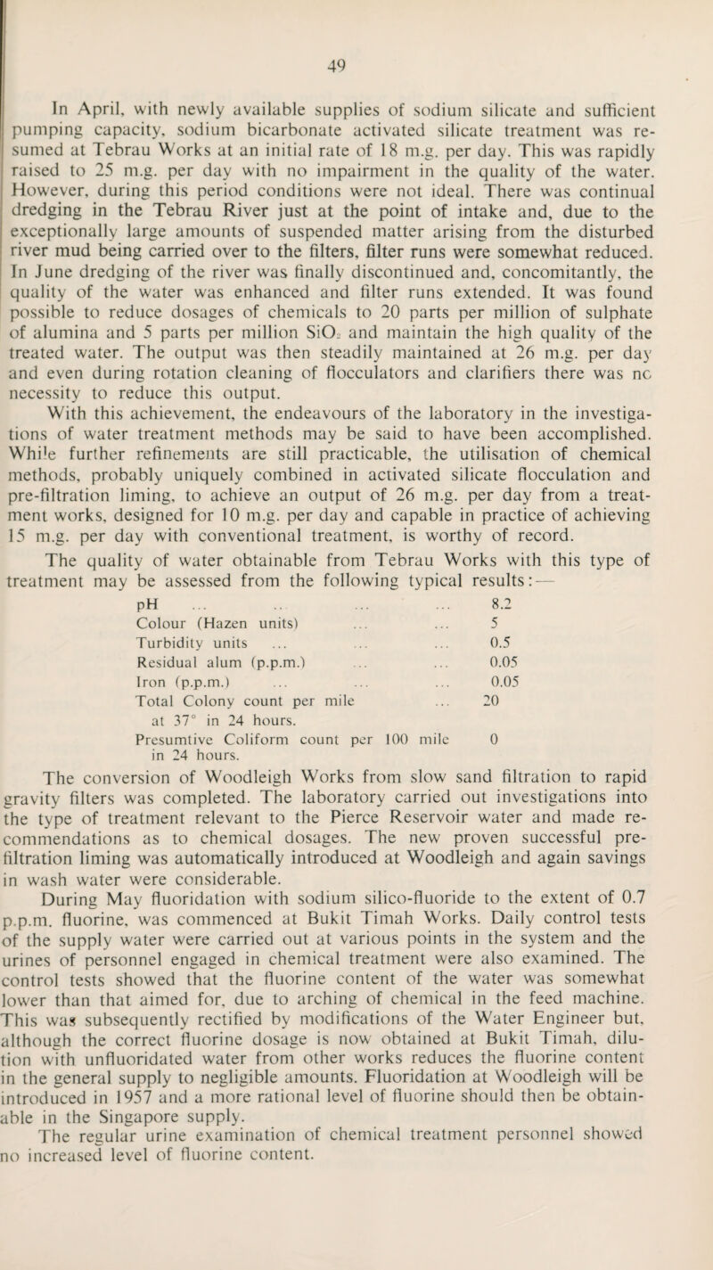 In April, with newly available supplies of sodium silicate and sufficient pumping capacity, sodium bicarbonate activated silicate treatment was re¬ sumed at Tebrau Works at an initial rate of 18 m.g. per day. This was rapidly raised to 25 m.g. per day with no impairment in the quality of the water. However, during this period conditions were not ideal. There was continual dredging in the Tebrau River just at the point of intake and, due to the exceptionally large amounts of suspended matter arising from the disturbed river mud being carried over to the filters, filter runs were somewhat reduced. In June dredging of the river was finally discontinued and, concomitantly, the quality of the water was enhanced and filter runs extended. It was found possible to reduce dosages of chemicals to 20 parts per million of sulphate of alumina and 5 parts per million SiCk and maintain the high quality of the treated water. The output was then steadily maintained at 26 m.g. per day and even during rotation cleaning of flocculators and clarifiers there was nc necessity to reduce this output. With this achievement, the endeavours of the laboratory in the investiga¬ tions of water treatment methods may be said to have been accomplished. While further refinements are still practicable, the utilisation of chemical methods, probably uniquely combined in activated silicate flocculation and pre-filtration liming, to achieve an output of 26 m.g. per day from a treat¬ ment works, designed for 10 m.g. per day and capable in practice of achieving 15 m.g. per day with conventional treatment, is worthy of record. The quality of water obtainable from Tebrau Works with this type of treatment may be assessed from the following typical results:-— pH 8.2 Colour (Hazen units) 5 Turbidity units 0.5 Residual alum (p.p.m.) 0.05 Iron (p.p.m.) 0.05 Total Colony count per mile 20 at 37° in 24 hours. Presumtive Coliform count per 100 mile 0 in 24 hours. The conversion of Woodleigh Works from slow sand filtration to rapid gravity filters was completed. The laboratory carried out investigations into the type of treatment relevant to the Pierce Reservoir water and made re¬ commendations as to chemical dosages. The new proven successful pre¬ filtration liming was automatically introduced at Woodleigh and again savings in wash water were considerable. During May fluoridation with sodium silico-fluoride to the extent of 0.7 p.p.m. fluorine, was commenced at Bukit Timah Works. Daily control tests of the supply water were carried out at various points in the system and the urines of personnel engaged in chemical treatment were also examined. The control tests showed that the fluorine content of the water was somewhat lower than that aimed for, due to arching of chemical in the feed machine. This was subsequently rectified by modifications of the Water Engineer but, although the correct fluorine dosage is now obtained at Bukit Timah, dilu¬ tion with unfluoridated water from other works reduces the fluorine content in the general supply to negligible amounts. Fluoridation at Woodleigh will be introduced in 1957 and a more rational level of fluorine should then be obtain¬ able in the Singapore supply. The regular urine examination of chemical treatment personnel showed no increased level of fluorine content.