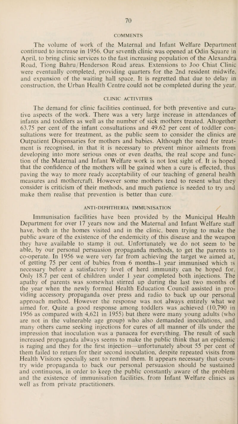 COMMENTS The volume of work of the Maternal and Infant Welfare Department continued to increase in 1956. Our seventh clinic was opened at Odin Square in April, to bring clinic services to the fast increasing population of the Alexandra Road, Tiong Bahru/Henderson Road areas. Extensions to Joo Chiat Clinic were eventually completed, providing quarters for the 2nd resident midwife, and expansion of the waiting hall space. It is regretted that due to delay in construction, the Urban Health Centre could not be completed during the year. CLINIC ACTIVITIES The demand for clinic facilities continued, for both preventive and cura¬ tive aspects of the work. There was a very large increase in attendances of infants and toddlers as well as the number of sick mothers treated. Altogether 63.75 per cent of the infant consultations and 49.62 per cent of toddler con¬ sultations were for treatment, as the public seem to consider the clinics are Outpatient Dispensaries for mothers and babies. Although the need for treat¬ ment is recognised, in that it is necessary to prevent minor ailments from developing into more serious ones or even deaths, the real scope and func¬ tion of the Maternal and Infant Welfare work is not lost sight of. It is hoped that the confidence of the mothers will be gained when a cure is effected, thus paving the way to more ready acceptability of our teaching of general health measures and mothercraft. However some mothers tend to resent what they consider is criticism of their methods, and much patience is needed to try and make them realise that prevention is better than cure. ANTI-DIPHTHERIA IMMUNISATION Immunisation facilities have been provided by the Municipal Health Department for over 17 years now and the Maternal and Infant Welfare staff have, both in the homes visited and in the clinic, been trying to make the public aware of the existence of the endemicity of this disease and the weapon they have available to stamp it out. Unfortunately we do not seem to be able, by our personal persuasion propaganda methods, to get the parents to co-operate. In 1956 we were very far from achieving the target we aimed at, of getting 75 per cent of babies from 6 months-1 year immunised which is necessary before a satisfactory level of herd immunity can be hoped for. Only 18.7 per cent of children under 1 year completed both injections. The . apathy of parents was somewhat stirred up during the last two months of the year when the newly formed Health Education Council assisted in pro¬ viding accessory propaganda over press and radio to back up our personal approach method. However the response was not always entirely what we aimed for. Quite a good response among toddlers was achieved (10,790 in 1956 as compared with 4,621 in 1955) but there were many young adults (who are not in the vulnerable age group) who also demanded inoculations, and many others came seeking injections for cures of all manner of ills under the impression that inoculation was a panacea for everything. The result of such increased propaganda always seems to make the public think that an epidemic , is raging and they for the first injection—unfortunately about 55 per cent of them failed to return for their second inoculation, despite repeated visits from Health Visitors specially sent to remind them. It appears necessary that coun¬ try wide propaganda to back our personal persuasion should be sustained and continuous, in order to keep the public constantly aware of the problem and the existence of immunisation facilities, from Infant Welfare clinics as ! well as from private practitioners.