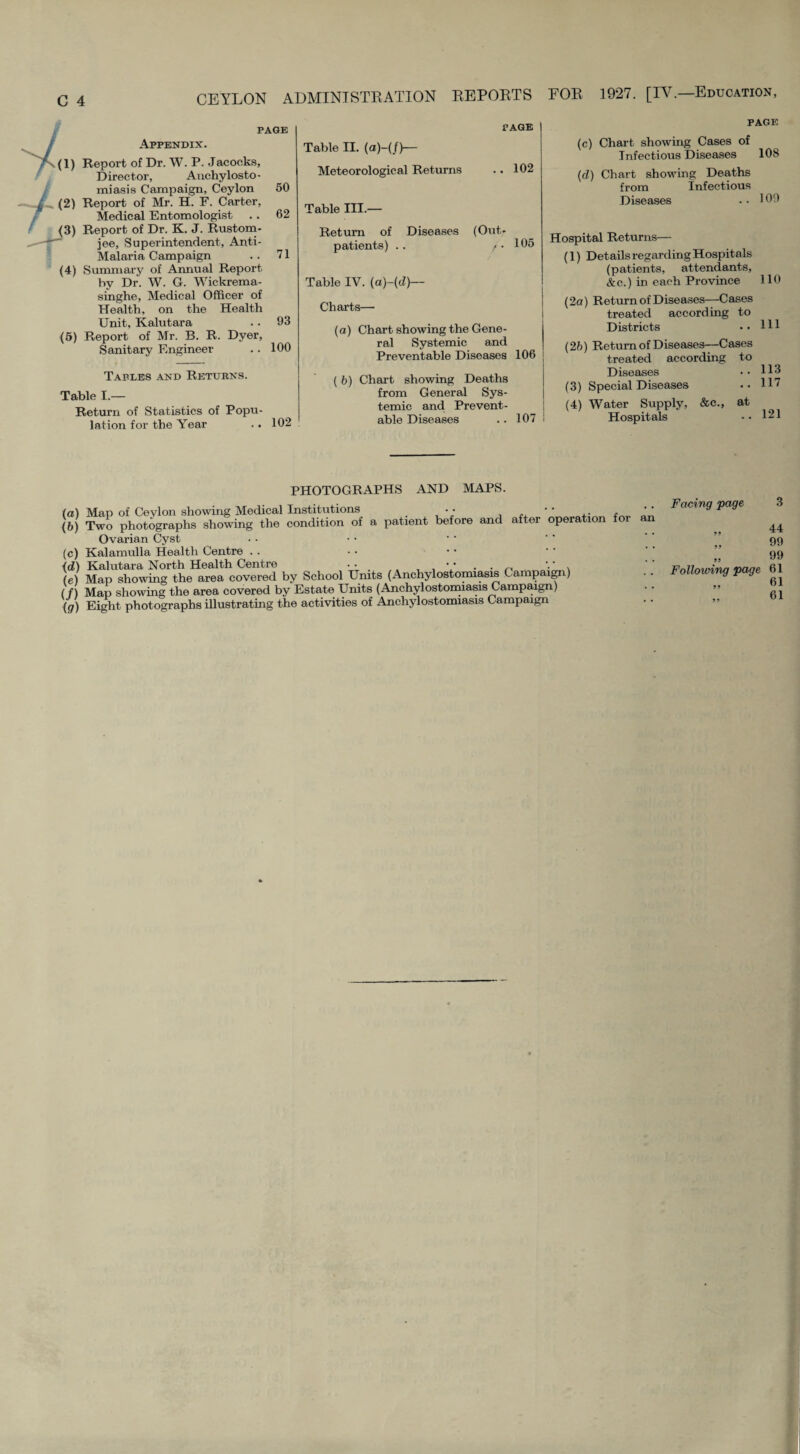 CEYLON ADMINISTRATION REPORTS PAGE Appendix. (1) Report of Dr. W. P. Jacocks, Director, Anchylosto¬ miasis Campaign, Ceylon 50 (2) Report of Mr. H. F. Carter, Medical Entomologist .. 62 (3) Report of Dr. K. J. Rustom- jee. Superintendent, Anti- Malaria Campaign . . 71 (4) Summary of Annual Report by Dr. W. G. Wickrema- singhe, Medical Officer of Health, on the Health Unit, Kalutara . . 93 (5) Report of Mr. B. R. Dyer, Sanitary Engineer .. 100 Tables and Returns. Table I.— Return of Statistics of Popu¬ lation for the Year • • 102 PAGE Table II. («)-(/)— Meteorological Returns .. 102 Table III.— Return of Diseases (Out¬ patients) . . / • 105 Table IV. (a)-(d)— Charts— (a) Chart showing the Gene¬ ral Systemic and Preventable Diseases 106 ( b) Chart showing Deaths from General Sys¬ temic and Prevent¬ able Diseases .. 107 FOR 1927. [IV.—Education, PAGE (c) Chart showing Cases of Infectious Diseases 108 (d) Chart showing Deaths from Infectious Diseases • • 109 Hospital Returns— (1) Details regarding Hospitals (patients, attendants, &c.) in each Province 110 (2a) Return of Diseases—Cases treated according to Districts • • 111 (25) Return of Diseases—Cases treated according to Diseases • • 113 (3) Special Diseases •• 117 (4) Water Supply, &c., at Hospitals -• 121 PHOTOGRAPHS AND MAPS. (a) Map of Ceylon showing Medical Institutions (b) Two photographs showing the condition of a patient before and after operation for Ovarian Cyst (c) Kalamulla Health Centre . . id) Kalutara North Health Centre • • . '■' , (e) Map showing the area covered by School Units (Anchylostomiasis Campaign) ( f) Map showing the area covered by Estate Units (Anchylostomiasis Campaign) (g) Eight photographs illustrating the activities of Anchylostomiasis Campaign an Facing page 3 99 99 44 99 99 99 Folloiving page 61 99 61 61