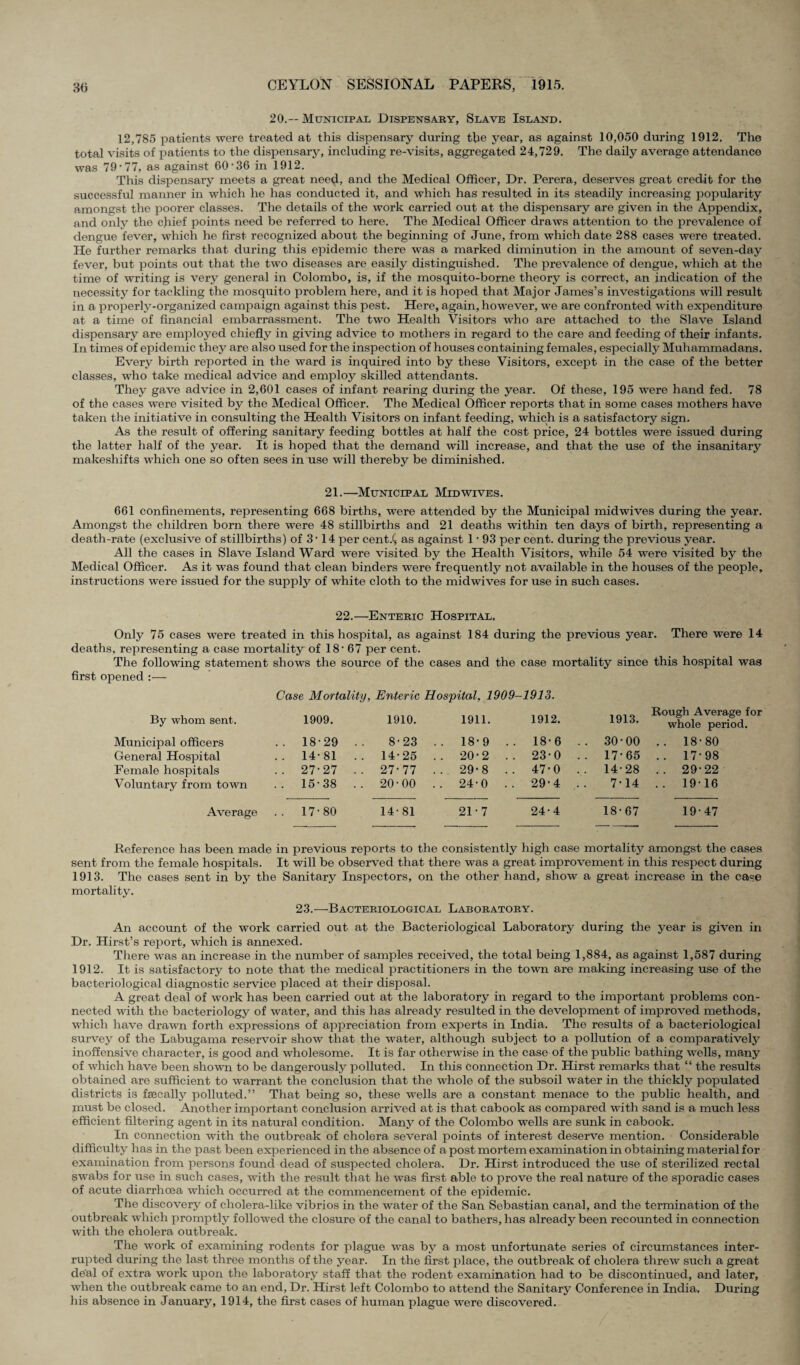 20.—Municipal Dispensary, Slave Island. 12,785 patients were treated at this dispensary during the year, as against 10,050 during 1912. The total visits of patients to the dispensary, including re-visits, aggregated 24,729. The daily average attendance was 79 ‘77, as against 60-36 in 1912. This dispensary meets a great need, and the Medical Officer, Dr. Perera, deserves great credit for the successful manner in which he has conducted it, and which has resulted in its steadily increasing popularity amongst the poorer classes. The details of the work carried out at the dispensary are given in the Appendix, and only the chief points need be referred to here. The Medical Officer draws attention to the prevalence of dengue fever, which he first recognized about the beginning of June, from which date 288 cases were treated. He further remarks that during this epidemic there was a marked diminution in the amount of seven-day fever, but points out that the two diseases are easily distinguished. The prevalence of dengue, which at the time of writing is very general in Colombo, is, if the mosquito-borne theory is correct, an indication of the necessity for tackling the mosquito problem here, and it is hoped that Major James’s investigations will result in a properly-organized campaign against this pest. Here, again, however, we are confronted with expenditure at a time of financial embarrassment. The two Health Visitors who are attached to the Slave Island dispensary are employed chiefly in giving advice to mothers in regard to the care and feeding of their infants. In times of epidemic they are also used for the inspection of houses containing females, especially Muhammadans. Every birth reported in the ward is inquired into by these Visitors, except in the case of the better classes, who take medical advice and employ skilled attendants. They gave advice in 2,601 cases of infant rearing during the year. Of these, 195 were hand fed. 78 of the cases were visited by the Medical Officer. The Medical Officer reports that in some cases mothers have taken the initiative in consulting the Health Visitors on infant feeding, which is a satisfactory sign. As the result of offering sanitary feeding bottles at half the cost price, 24 bottles were issued during the latter half of the year. It is hoped that the demand will increase, and that the use of the insanitary makeshifts which one so often sees in use will thereby be diminished. 21.—Municipal Mid wives. 661 confinements, representing 668 births, were attended by the Municipal midwives during the year. Amongst the children born there were 48 stillbirths and 21 deaths within ten days of birth, representing a death-rate (exclusive of stillbirths) of 3 -14 per cent/, as against 1 • 93 per cent, during the previous year. All the cases in Slave Island Ward were visited by the Health Visitors, while 54 were visited by the Medical Officer. As it was found that clean binders were frequently not available in the houses of the people, instructions were issued for the supply of white cloth to the midwives for use in such cases. 22.—Enteric Hospital. Only 75 cases were treated in this hospital, as against 184 during the previous year. There were 14 deaths, representing a case mortality of 18-67 per cent. The following statement shows the source of the cases and the case mortality since this hospital was first opened :— Case Mortality, Enteric Hospital, 1909- -1913. By whom sent. 1909. 1910. 1911. 1912. 1913. Rough Average for whole period. Municipal officers .. 18-29 . 8-23 . . 18-9 .. 18-6 . . 30-00 .. 18-80 General Hospital .. 14-81 . . 14-25 . . 20-2 .. 23-0 . . 17-65 .. 17-98 Female hospitals .. 27-27 . . 27-77 . . 29-8 .. 47*0 . . 14-28 .. 29-22 Voluntary from town .. 15-38 . . 20-00 . . 24-0 .. 29-4 . 7-14 .. 19-16 Average .. 17-80 14-81 21-7 24-4 18-67 19-47 Reference has been made in previous reports to the consistently high case mortality amongst the cases sent from the female hospitals. It will be observed that there was a great improvement in this respect during 1913. The cases sent in by the Sanitary Inspectors, on the other hand, show a great increase in the ca^e mortality. 23.—Bacteriological Laboratory. An account of the work carried out at the Bacteriological Laboratory during the year is given in Dr. Hirst’s report, which is annexed. There was an increase in the number of samples received, the total being 1,884, as against 1,587 during 1912. It is satisfactory to note that the medical practitioners in the town are making increasing use of the bacteriological diagnostic service placed at their disposal. A great deal of work has been carried out at the laboratory in regard to the important problems con¬ nected with the bacteriology of water, and this has already resulted in the development of improved methods, which have drawn forth expressions of appreciation from experts in India. The results of a bacteriological survey of the Labugama reservoir show that the water, although subject to a pollution of a comparatively inoffensive character, is good and wholesome. It is far otherwise in the case of the public bathing wells, many of which have been shown to be dangerously polluted. In this connection Dr. Hirst remarks that “ the results obtained are sufficient to warrant the conclusion that the whole of the subsoil water in the thickly populated districts is fsecally polluted.” That being so, these wells are a constant menace to the public health, and must be closed. Another important conclusion arrived at is that cabook as compared with sand is a much less efficient filtering agent in its natural condition. Many of the Colombo wells are sunk in cabook. In connection with the outbreak of cholera several points of interest deserve mention. Considerable difficulty has in the past been experienced in the absence of a post mortem examination in obtaining material for examination from persons found dead of suspected cholera. Dr. Hirst introduced the use of sterilized rectal swabs for use in such cases, with the result that he was first able to prove the real nature of the sporadic cases of acute diarrhoea which occurred at the commencement of the epidemic. The discovery of cholera-like vibrios in the water of the San Sebastian canal, and the termination of the outbreak which promptly followed the closure of the canal to bathers, has already been recounted in connection with the cholera outbreak. The work of examining rodents for plague was by a most unfortunate series of circumstances inter¬ rupted during the last three months of the year. In the first place, the outbreak of cholera threw such a great deal of extra work upon the laboratory staff that the rodent examination had to be discontinued, and later, when the outbreak came to an end, Dr. Hirst left Colombo to attend the Sanitary Conference in India. During his absence in January, 1914, the first cases of human plague were discovered.