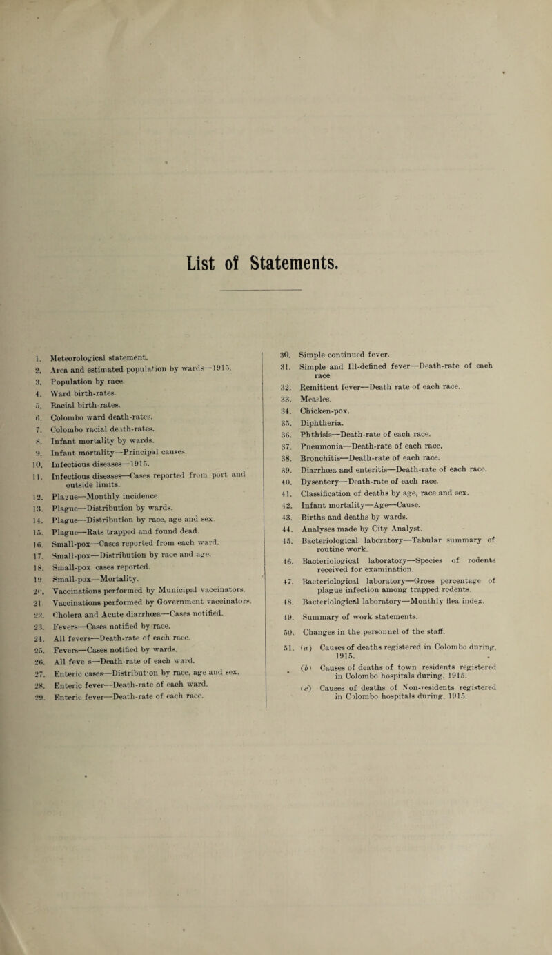 List of Statements. 1. Meteorological statement. 2. Area and estimated population by wards—1915. 3. Population by race 4. Ward birth-rates. 5. Racial birth-rates. 6. Colombo ward death-rates. 7. Colombo racial deith-rates. 8. Infant mortality by wards. 9. Infant mortality—Principal causes. 10. Infectious diseases—191). 11. Infectious diseases—Cases reported from port and outside limits. 12. Plague—Monthly incidence. 13. Plague—Distribution by wards. 14. Plague—Distribution by race, age and sex. l.>. Plague—Rats trapped and found dead. 1<). Small-pox—Cases reported from each ward. 17. Small-pox—Distribution by race and age. 18. Small-pox cases reported. 19. Small-pox—Mortality. 20. Vaccinations performed by Municipal vaccinators. 21 Vaccinations performed by Government vaccinators. 22. Cholera and Acute diarrhoea—Cases notified. 23. Fevers—Cases notified by race. 24. All fevers—Death-rate of each race. 25. Fevers—Cases notified by wards. 26. All feve s—Death-rate of each ward. 27. Enteric cases—Distribut-on by race, age and sex. 28. Enteric fever—Death-rate of each ward. 29. Enteric fever—Death-rate of each race. 30. Simple continued fever. 31. Simple and Ill-defined fever—Death-rate of each race 32. Remittent fever—Death rate of each race. 33. Measles. 34. Chicken-pox. 35. Diphtheria. 36. Phthisis—Death-rate of each race. 37. Pneumonia—Death-rate of each race. 38. Bronchitis—Death-rate of each race. 39. Diarrhoea and enteritis—Death-rate of each race. 40. Dysentery—Death-rate of each race. 41. Classification of deaths by age, race and sex. 42. Infant mortality—Age—Cause. 43. Births and deaths by wards. 44. Analyses made by City Analyst. 45. Bacteriological laboratory—Tabular summary of routine work. 46. Bacteriological laboratory—Species of rodents received for examination. 47. Bacteriological laboratory—Gross percentage of plague infection among trapped rodents. 48. Bacteriological laboratory—Monthly flea index. 49. Summary of work statements. 50. Changes in the personnel of the staff. 51. (a) Causes of deaths registered in Colombo during, 1915. (b) Causes of deaths of town residents registered in Colombo hospitals during, 1915. <r) Causes of deaths of Non-residents registered in Cdombo hospitals during, 1915.