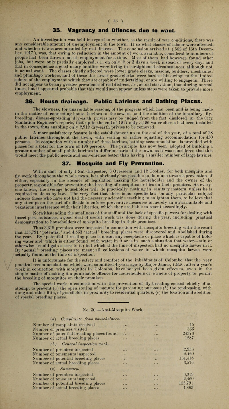 35. Vagrancy and Offences due to want. An investigation was held in regard to whether, as the result of war conditions, there was any considerable amount of unemployment in the town. If so what classes of labour were affected, and whether it was accompanied by real distress. The conclusion arrived at ( 582 of 13th Decem¬ ber, 1917 ), was, that owing to reduction in the amount of work available, considerable numbers of people had been thrown out of employment for a time. Most of them had however found other jobs, but were only partially employed, t.e., on only 2 or 3 days a week instead of every day, and that in consequence a good many families were living in straightened circumstances, although not in actual want. The classes chiefly affected were lower grade clerks, masons, builders, mechanics, and plumbago workers, and of these the lower grade clerks were hardest hit owing to the limited sphere of the employment which they are capable of undertaking, or are willing to engage in. There did not appear to be any greater prevalence of real distress, i.e., actual starvation, than during normal times, but it appeared probable that this would soon appear unless steps were taken to provide more employment. 36. House drainage. Public Latrines and Bathing Places. i The slowness, for unavoidable reasons, of the progress which has been and is being made in the matter of connecting house latrines to the sewers, and the abolition of the insanitary, fly¬ breeding, disease-spreading dry-earth privies may be judged from the fact disclosed in the City Sanitation Engineer’s reports, that up to the end of 1917 only 3,196 water closets had been installed in the town, thus enabling only 2,912 dry-earth privies to be removed. A more satisfactory feature is the establishment up to the end of the year, of a total of 28 public latrines throughout the town, with seating or rather squatting accommodation for 130 persons. In conjuction with a number of these latrines, bathing accommodation is provided with places for a total for the town of 198 persons. The principle has now been adopted of building a greater number of small public latrines in different parts of the town, as it was considered that this would meet the public needs and convenience better than having a smaller number of large latrines. 37. Mosquito and Fly Prevention. With a staff of only 1 Sub-Inspector, 6 Overseers and 12 Coolies, for both mosquito and fly work throughout the whole town, it is obviously'not possible to do much towards prevention of either, especially in the absence of legislation making the householder and the owner of the property responsible for preventing the breeding of mosquitos or flies on their premises. As every¬ one knows, the average householder will do practically nothing in sanitary matters unless he is required to do so by law. The very fact that there is no specific law on any particular subject induces those who have not had the necessary scientific teaching to enlighten them, to believe that any attempt on the part of officials to enforce preventive measures is merely an unwarrantable and vexatious interference with their liberties, which they are liable to resent accordingly. Notwithstanding the smallness of the staff and the lack of specific powers for dealing with insect pest nuisances, a good deal of useful work was done during the year, including practical demonstration to householders of mosquito breeding in their premises. Thus 3,319 premises were inspected in connection with mosquito breeding with the result that 155,791 ‘potential ’ and 4,863 ‘actual’ breeding places were discovered and abolished during the year. By ‘ potential ’ breeding place is meant any receptacle or place which is capable of hold¬ ing water and which is either found with water in it or is in such a situation that water—rain or otherwise—could gain access to it; but which at the time of inspection had no mosquito larvae in it. By ‘ actual ’ breeding places are meant all collections of water in which mosquito larvae were actually found at the time of inspection. It is unfortunate for the safety and comfort of the inhabitants of Colombo that the very practical recommendations which were submitted 4 years ago by Major James, I.M.S., after a year’s work in connection with mosquitos in Colombo, have not yet been given effect to, even in the simple matter of making it a punishable offence for householders or owners of property to permit the breeding of mosquitos on their premises. The special work in connection with the prevention of fly-breeding consist chiefly of an attempt to prevent (a) the open storing of manure for gardening purposes (b) the topdressing, with dung and other filth, of grassfields in proximity to residential quarters, (c) the location and abolition of special breeding places. No. 30.—Anti-Mosquito Work. («) Complaints from householders. Number of complaints received Number of premises visited Number of potential breeding places found Number of actual breeding places (b) General inspection work. Number of premises inspected Number of tenements inspected Number of potential breeding places Number of actual breeding places (c) Summary. Number of premises inspected Number of tenements inspected Number of potential breeding places Number of actual breeding places 45 366 24373 1287 2,953 2,460 131,418 3,576 3,319 2,460 155,791 4,863