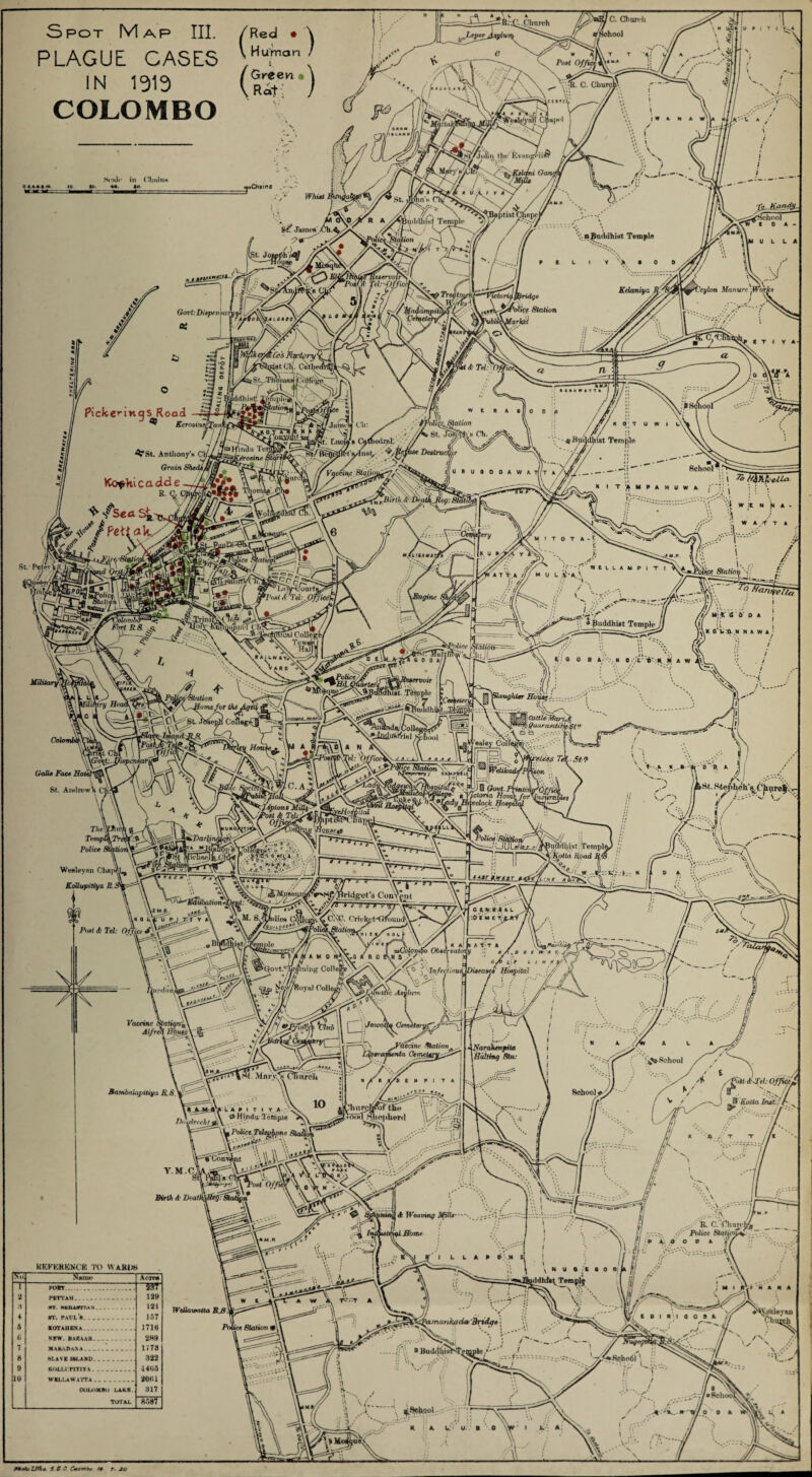 Spot Map III. (Red • PLAGUE CASES , ‘ . IN 1919 (%%en') COLOMBO H r H r*\ *oU a j:—Church j /Red • \ y 1 ..T.fperjiayiun, —tr/ \ Human / \ //q u—- ^ v e _ * riif—r \ H U^IN U ft I T » V^A F Post Offici T '*! . C. Cliu Jyon CHhjm*I Mi /a' - L A fivnugcli^ Scale in Clinltm 0 JO So. *o. so ^Chains Whist j .James’ /’h.< St. aptist C \\nJ9ilddhiKt Temple . 1 l 1 » '> • 0 D ro,K^n‘ix_ j'SLhool K 0 A U L L A V !J* s Govt:Dispcv'sar r08t.fr win 1 Victoria foridge Police Station kfarfc^ \0>‘ Kdaniya . Ceylon Manure ' kyrfyr i <1/ rn qstOh'. Citthi IA Tel: t T I Y A VJ'A Pidce,”i»ig$ Road ^ Kerosinei 'h , r m/ 7. Ch: r St. s Deslr\ WEKA«/OD« 1 Oh. N O’ T U W I jURUOOOAW School ■ * I TflMPAHUWA : 1 p Birth < *.,<Lw.r/7 va cry M 1 T o T » - f. rfficci, A i M u L > JV; R S & WtLLAAS P I T * Buddhist Temple, ITioal College, i Start /{/ M; * S60 A | ((( [t. i U\K 0 Va t N A W A ■ V ft Al LW AY>0 ® ' » AJ ISJirr Aiilion- v<Cli;J(_ voir j Tetuple : ^ SCO k>'. N 0MAW i\\_ jU :r : v.,// •.v.v.V-''--, aughltr BbuiiJ - ... M V.^ T&.Sb* Galls Face Hot* St. Andrews < ' S Govt.} t. StepLeh'^Chiiro|;;r a/ V*‘ Wesleyan Chap Kollupitiya Rt % Wtstjd ■7*7*1 \> r — xv/Wioe Stiition . .. , . UU Ultej^/ffintMldst: Templ§j pKotta l('Hid J pr-pr- rido'of'lj f’nnVrt.il Poirt <fc 7W. y \\ \ \“T- \\k 0 ar u TW; Ofhci yl^5 ^giCjba . M. S.< 7-r-\nr ^■sejj^WHC'Jiridg-et'a Consent V 'V%jrrv ,■ iTTv ‘ i CqUum^CXC. Cri.>: A * V l\ v=r ' ~ -1* ‘l -v\ \ y* 6 HJNui.ik a l >< If » ft it. z/: ^Govt.^Tirainin^ Colle i '/ Ik a| « A T;T a / Vyj // 06s6ruatqry :j yf? p c / V a O'-C—^ ! £ «/♦ ‘iV * < r\rRyjT^)y[f'y V® j 'InfectiomlDUea>e» Hospital :// J . . 7' ((/ IbirdanA Facninc Sfation^ ALfre/l Jot, BambaUxpitiya H. S ' Vi. ..... 5f. Mnry.^C^inrbli q Jl[3' JFticcim Station -OcmeU— ajfanta ( ■ Farahcnpiia halting Stn: k \\ if) L A P I T I Y A ' \ v“' _ 45HinduTertpie .j.y N A ..y<* A School School f vq /VM&J'el.Officfl S' / .— ! 3 KutUi Inst r /ITS ~ ./>--•> a . t t /I <t' Deaths '\\ \ A Weaving Mills—:::- IHomt I L L A P ^ M Id ! !'/ B. C Olnm-^! _ •'•'V. h v-' Police Stqtioiy^ .1 ; \\ /* *./•• - * sTY /*• Mi, >*iV-NJ KKFKHKNCE IX) WABD8 >4miu> Acres 1 KOtT. 43? 2 P ETTA II_-_ 129 :t WT. BKiUffriAN .. 121 4 ST. PAULS. li>7 n KOTAHKKA.. 171(1 ti SEW. BAP.4AM. 289 7 MAMADANA... 1773 H SLAVIC ISLAND.. 322 9 KOLI.I PIT1YA. 1405 10 WBLIaAWAITA. 2001 OOU>MB<l LAKK 317 Tl/fAL 8->87 IFeiiatpaita JRjSA -- A W A. r~-T A v\ \ M U s ; K s 0 O ^A W/ nddhikf Teroplg — N *J;\ ■ice Station mi l,v.- Equ fimatiJwda Bridpy 1 Buddhi*KTi ^SB1S;,.0BA ,/ ^Vjjfcley&n Ohu^^ ..8BuiltUiMSTemple/'*' f , 7/ .a i.'^s K,-/ .jy«cho«r. '.1 •V .. ^Seh.ool .;•••» V/o U * K : A u;V U- ■ • 0 \WJ I V'': * \\- Lph*. S 6 C Cftcm^e '+ 7■ JO