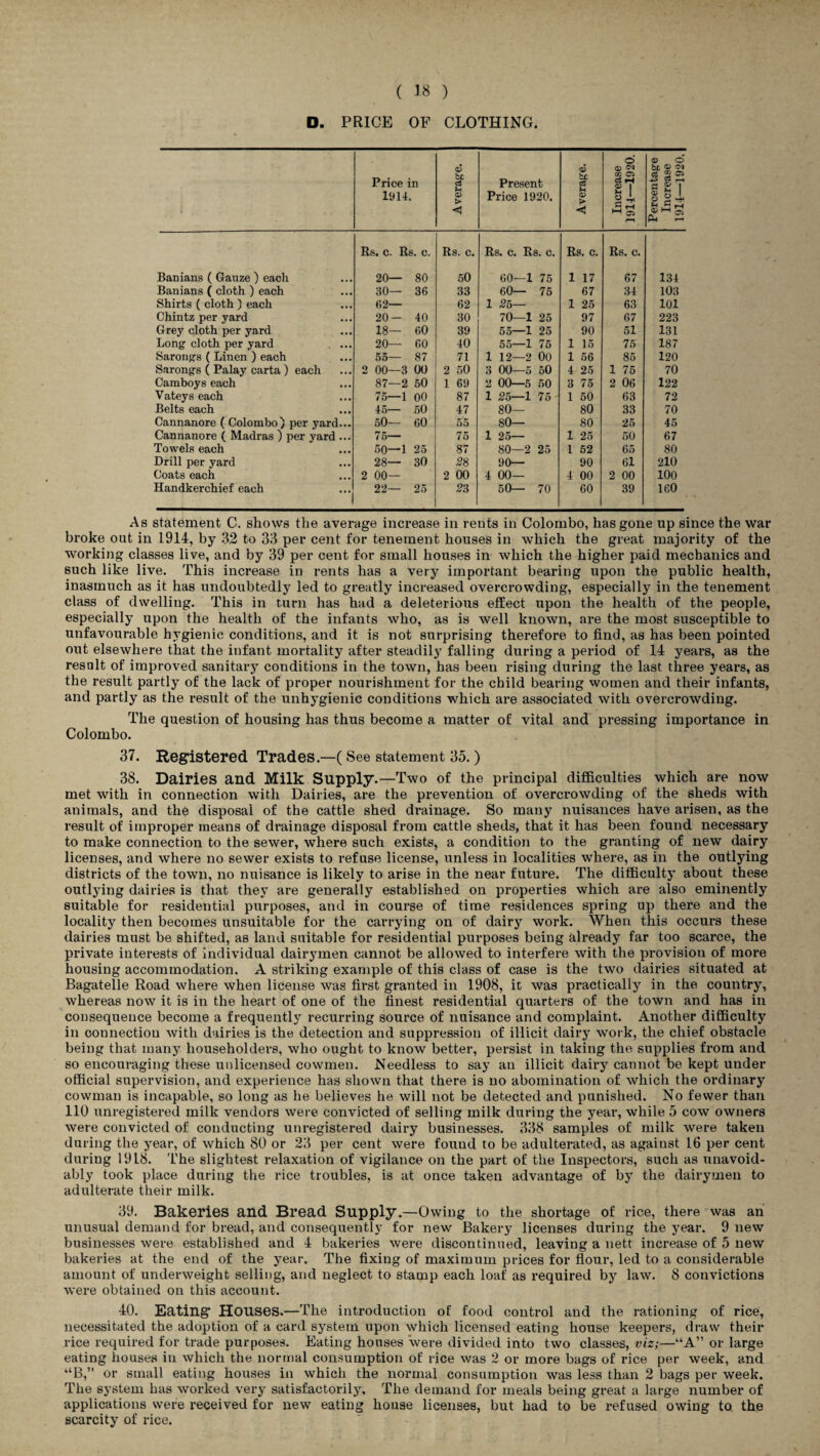 D. PRICE OF CLOTHING. Price in 1914. a5 be c3 U > < Present Price 1920. q5 If S3 > < Increase 1914—1920. Percentage Increase 1914—1920. Rs. c. Rs. c. Rs. c. Rs. c. Rs. c. Rs. c. Rs. c. Banians ( Gauze ) each 20— 80 50 60—1 75 1 17 67 131 Banians ( cloth ) each 30— 36 33 60— 75 67 34 103 Shirts ( cloth ) each 62— 62 1 25— 1 25 63 101 Chintz per yard 20- 40 30 70—1 25 97 67 223 Grey cloth per yard 18— 60 39 55—1 25 90 51 131 Long cloth per yard 20— 60 40 55—1 75 1 15 75 187 Sarongs ( Linen ) each 55— 87 71 1 12—2 00 1 56 85 120 Sarongs ( Palay carta ) each 2 00—3 00 2 50 3 00—5 50 4 25 1 75 70 Camboys each 87—2 50 1 69 2 00—5 50 3 75 2 06 122 Vateys each 75—1 00 87 1 25—1 75 1 50 63 72 Belts each 45— 50 47 80— 80 33 70 Cannanore ( Colombo) per yard... 50— 60 55 80— 80 25 45 Cannanore ( Madras ) per yard ... 75— 75 1 25— 1 25 50 67 Towels each 50—1 25 87 80—2 25 1 52 65 80 Drill per yard 28— 30 28 90— 90 61 210 Coats each 2 00— 2 00 4 00— 4 00 2 00 100 Handkerchief each 22— 25 2 3 50— 70 60 39 160 As statement C. shows the average increase in rents in Colombo, has gone up since the war broke out in 1914, by 32 to 33 per cent for tenement houses in which the great majority of the working classes live, and by 39 per cent for small houses in which the higher paid mechanics and such like live. This increase in rents has a very important bearing upon the public health, inasmuch as it has undoubtedly led to greatly increased overcrowding, especially in the tenement class of dwelling. This in turn has had a deleterious effect upon the health of the people, especially upon the health of the infants who, as is well known, are the most susceptible to unfavourable hygienic conditions, and it is not surprising therefore to find, as has been pointed out elsewhere that the infant mortality after steadily falling during a period of 14 years, as the resalt of improved sanitary conditions in the town, has been rising during the last three years, as the result partly of the lack of proper nourishment for the child bearing women and their infants, and partly as the result of the unhygienic conditions which are associated with overcrowding. The question of housing has thus become a matter of vital and pressing importance in Colombo. 37. Registered Trades.—(See statement 35.) 38. Dairies and Milk Supply.—Two of the principal difficulties which are now met with in connection with Dairies, are the prevention of overcrowding of the sheds with animals, and the disposal of the cattle shed drainage. So many nuisances have arisen, as the result of improper means of drainage disposal from cattle sheds, that it has been found necessary to make connection to the sewer, where such exists, a condition to the granting of new dairy licenses, and where no sewer exists to refuse license, unless in localities where, as in the outlying districts of the town, no nuisance is likely to arise in the near future. The difficulty about these outlying dairies is that they are generally established on properties which are also eminently suitable for residential purposes, and in course of time residences spring up there and the locality then becomes unsuitable for the carrying on of dairy work. When this occurs these dairies must be shifted, as land suitable for residential purposes being already far too scarce, the private interests of individual dairymen cannot be allowed to interfere with the provision of more housing accommodation. A striking example of this class of case is the two dairies situated at Bagatelle Road where when license was first granted in 1908, it was practically in the country, whereas now it is in the heart of one of the finest residential quarters of the town and has in consequence become a frequently recurring source of nuisance and complaint. Another difficulty in connection with dairies is the detection and suppression of illicit dairy work, the chief obstacle being that many householders, who ought to know better, persist in taking the supplies from and so encouraging these unlicensed cowmen. Needless to say an illicit dairy cannot be kept under official supervision, and experience has shown that there is no abomination of which the ordinary cowman is incapable, so long as he believes he will not be detected and punished. No fewer than 110 unregistered milk vendors were convicted of selling milk during the year, while 5 cow owners were convicted of conducting unregistered dairy businesses. 338 samples of milk were taken during the year, of which 80 or 23 per cent were found to be adulterated, as against 16 per cent during 1918. The slightest relaxation of vigilance on the part of the Inspectors, such as unavoid¬ ably took place during the rice troubles, is at once taken advantage of by the dairymen to adulterate their milk. 39. Bakeries and Bread Supply.—Owing to the shortage of rice, there was an unusual demand for bread, and consequently for new Bakery licenses during the year. 9 new businesses were established and 4 bakeries were discontinued, leaving a nett increase of 5 new bakeries at the end of the year. The fixing of maximum prices for flour, led to a considerable amount of underweight selling, and neglect to stamp each loaf as required by law. 8 convictions were obtained on this account. 40. Eating1 Houses.—The introduction of food control and the rationing of rice, necessitated the adoption of a card system upon which licensed eating house keepers, draw their rice required for trade purposes. Eating houses were divided into two classes, viz;—“A” or large eating houses in which the normal consumption of rice was 2 or more bags of rice per week, and “B,” or small eating houses in which the normal consumption was less than 2 bags per week. The system has worked very satisfactorily. The demand for meals being great a large number of applications were received for new eating house licenses, but had to be refused owing to the scarcity of rice.