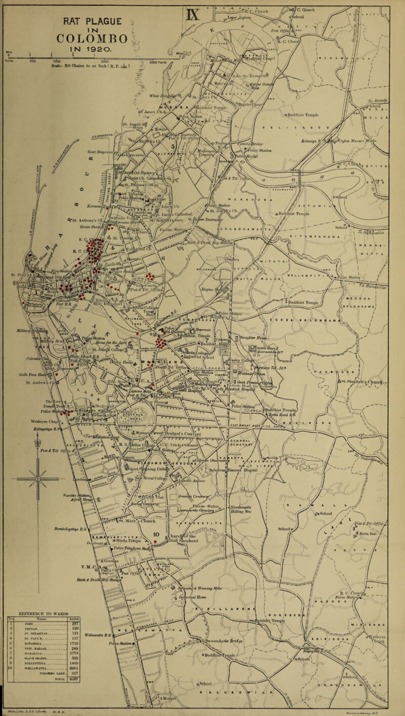 RAT PLAGUE COLOMBO IN 192 0. I t EH, A ^ t A -It; Gnun lt VySchool -iT“ \« |lf|u P , T ,1L : {<* >ViV:.EvH '•*. ''■•■■■/a _____ 500 1000 2000 . V iooo Yards Scale- SO Chains to an Inch ( R, F. wki) 'A- I Cj ***>*^0 CttuiK' linildluKt T«‘i Gang! ;i. I W A N A Hi/>'-U A Te- KondH. '\ BjiinMliist Tomplo 'rip-^S^eilOoT*^ « *D A “* ^ \M U L L A Oii^p)r)s< Houfiif PKUl YAOO D V%CX\ '**^1 L.^lX Kelaniya . Ueyhn . i^oiice Stalion ■hh^Maj^l .U/ t e T Itnst Ch ,,,Thonmi ka^ Jh. A**- Cttth n ^ Kcrosin^ ^St. Anthony Grain sn 'ji }i(nrw ('h: '■ y tAlvfyii y ■' a ;,0Son \v ^oUh^Station K tj ' T U W 1 U\ Shed^A ,UH'y\nnty T)e»inic{ V '^ButMhist Temple J‘/ ;; URUOODAWA' School .r>- JM ^ c R. C. R. C. CB St. \v Keg:, > UiUe3 ^PoAt ({• V(*i: W A ..T T A V I T 0 T A - V' \Dnffine > / W t L L A M P I ' A T T;.A /// M U U .%‘A, /. > Buddhist Temple hmcal Collekl ToW Hal /// M|;t d d 0 A VAk o'v.i).,n n a w Ay Hcaa^fh^] /t ■CTA Temple I iUL G 0 D A/ V, A ©.v'c-'-o^H Hi A w A\\ I ‘ ( I .—lighter - ■ .1. . 't.C-- Tt Ch rel^^ T^.Stn^ GaUe Face Hok St. AjuIivwI ’:/or > y’oUci^Stition'^ -■'UULi/ie-i: /SM. Ntepheh's, rhnrc&. ^ ■pjr < i?/ \ frfllnst. Temple Oiotta S^dad Rv Kollupitiya B.S inr \\ ’^^^Or'iSSsSoRonri K 0 nV u PJ ^.'iv ^IM^eeuni LK 0 4<r Ip . ^ Foot <k Tel: i. S.1 ;G 6 M E t: .tpPV J K A T'T A Vaccine watton^X ^Vftccinc Statiov^ - i Ckmeti DUeaaes Hospital \ V-a *7^ ' ’'■■jH'>_2) o — farahenpita Wdiling Stn: I School School# dsTch' Offic/ IM \Police.Tdml(me StaSm ^=^CuMV^t, r. M. c V ( -f-' V--' //7 3 r (fe IVcortnp AfiiU’- .. ,„, I [ - 1-E° !. * !('■ HEFKREN(’K IX) WARDS \ Naiur .\crc*H 1 FORT.. 2i1 2 PriTAlI... j 129 3 hT. KKIIARTI.VN .. 121 4 RT. pai l’s. 157 6 KOTAllKNA.. 171G 0 NKW. BAZ.\AB. 289 7 MVK.VD\NA... 1773 8 hIpA>k island.. 322 9 KOLI.CPITIYA. 14U5 10 WBLI.AWATTA.. 2U(il CXiU)MBO I.AKX. 317 TirfAL 8587 \ N U G .'K a 0 0, I W A A W Av T--T A WeUawatta Rs\ Police fUalUrn | W Av I •■ - I /.' ^ 'fridge ^ ':. 7. ®Bu<iaiii>«wie/*''' /f -.1 ■ ■■■' irldhfs^Temple ' V. ** X ■';' t 01 A I GO 0 A AJ>Vley»ui ASlcho6i' s'E s ’■'■■■ 11 iSchoot Vy n-*'iq7 0 o a a L • u, , 0 Y .' >: ! :r _ Hlli Photo L>iho. $ S O Cvfomio. te.t.n. ft ¥/t tf m ftlniorj /f/7