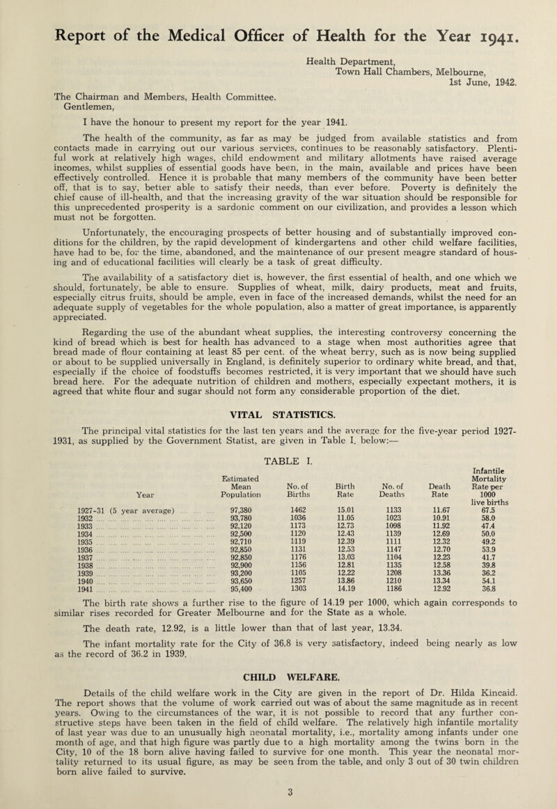 Report of the Medical Officer of Health for the Year 1941. Health Department, Town Hall Chambers, Melbourne, 1st June, 1942. The Chairman and Members, Health Committee. Gentlemen, I have the honour to present my report for the year 1941. The health of the community, as far as may be judged from available statistics and from contacts made in carrying out our various services, continues to be reasonably satisfactory. Plenti¬ ful work at relatively high wages, child endowment and military allotments have raised average incomes, whilst supplies of essential goods have been, in the main, available and prices have been effectively controlled. Hence it is probable that many members of the community have been better off, that is to say, better able to satisfy their needs, than ever before. Poverty is definitely the chief cause of ill-health, and that the increasing gravity of the war situation should be responsible for this unprecedented prosperity is a sardonic comment on our civilization, and provides a lesson which must not be forgotten. Unfortunately, the encouraging prospects of better housing and of substantially improved con¬ ditions for the children, by the rapid development of kindergartens and other child welfare facilities, have had to be, for the time, abandoned, and the maintenance of our present meagre standard of hous¬ ing and of educational facilities will clearly be a task of great difficulty. The availability of a satisfactory diet is, however, the first essential of health, and one which we should, fortunately, be able to ensure. Supplies of wheat, milk, dairy products, meat and fruits, especially citrus fruits, should be ample, even in face of the increased demands, whilst the need for an adequate supply of vegetables for the whole population, also a matter of great importance, is apparently appreciated. Regarding the use of the abundant wheat supplies, the interesting controversy concerning the kind of bread which is best for health has advanced to a stage when most authorities agree that bread made of flour containing at least 85 per cent, of the wheat berry, such as is now being supplied or about to be supplied universally in England, is definitely superior to ordinary white bread, and that, especially if the choice of foodstuffs becomes restricted, it is very important that we should have such bread here. For the adequate nutrition of children and mothers, especially expectant mothers, it is agreed that white flour and sugar should not form any considerable proportion of the diet. VITAL STATISTICS. The principal vital statistics for the last ten years and the average for the five-year period 1927- 1931, as supplied by the Government Statist, are given in Table I. below:— TABLE I. Infantile Estimated Mean No. of Birth No. of Death Mortality Rate per Year Population Births Rate Deaths Rate 1000 1927-31 (5 year average) . 97,380 1462 15.01 1133 11.67 live births 67.5 1932 93,780 1036 11.05 1023 10.91 58.0 1933 . 92,120 1173 12.73 1098 11.92 47.4 1934 . 92,500 1120 12.43 1139 12.69 50.0 1935 . . 92,710 1119 12.39 1111 12.32 49.2 1936 . 92,850 1131 12.53 1147 12.70 53.9 1937 . 92,850 1176 13.03 1104 12.23 41.7 1938 . 92,900 1156 12.81 1135 12.58 39.8 1939 . 93,200 1105 12.22 1208 13.36 36.2 1940 . . 93,650 1257 13.86 1210 13.34 54.1 1941 . 95,400 1303 14.19 1186 12.92 36.8 The birth rate shows a further rise to the figure of 14.19 per 1000, which again corresponds similar rises recorded for Greater Melbourne and for the State as a whole. The death rate, 12.92, is a little lower than that of last year, 13.34. The infant mortality rate for the City of 36.8 is very satisfactory, indeed being nearly as low as the record of 36.2 in 1939. CHILD WELFARE. Details of the child welfare work in the City are given in the report of Dr. Hilda Kincaid. The report shows that the volume of work carried out was of about the same magnitude as in recent years. Owing to the circumstances of the war, it is not possible to record that any further con¬ structive steps have been taken in the field of child welfare. The relatively high infantile mortality of last year was due to an unusually high neonatal mortality, i.e., mortality among infants under one month of age, and that high figure was partly due to a high mortality among the twins born in the City, 10 of the 18 born alive having failed to survive for one month. This year the neonatal mor¬ tality returned to its usual figure, as may be seen from the table, and only 3 out of 30 twin children born alive failed to survive.