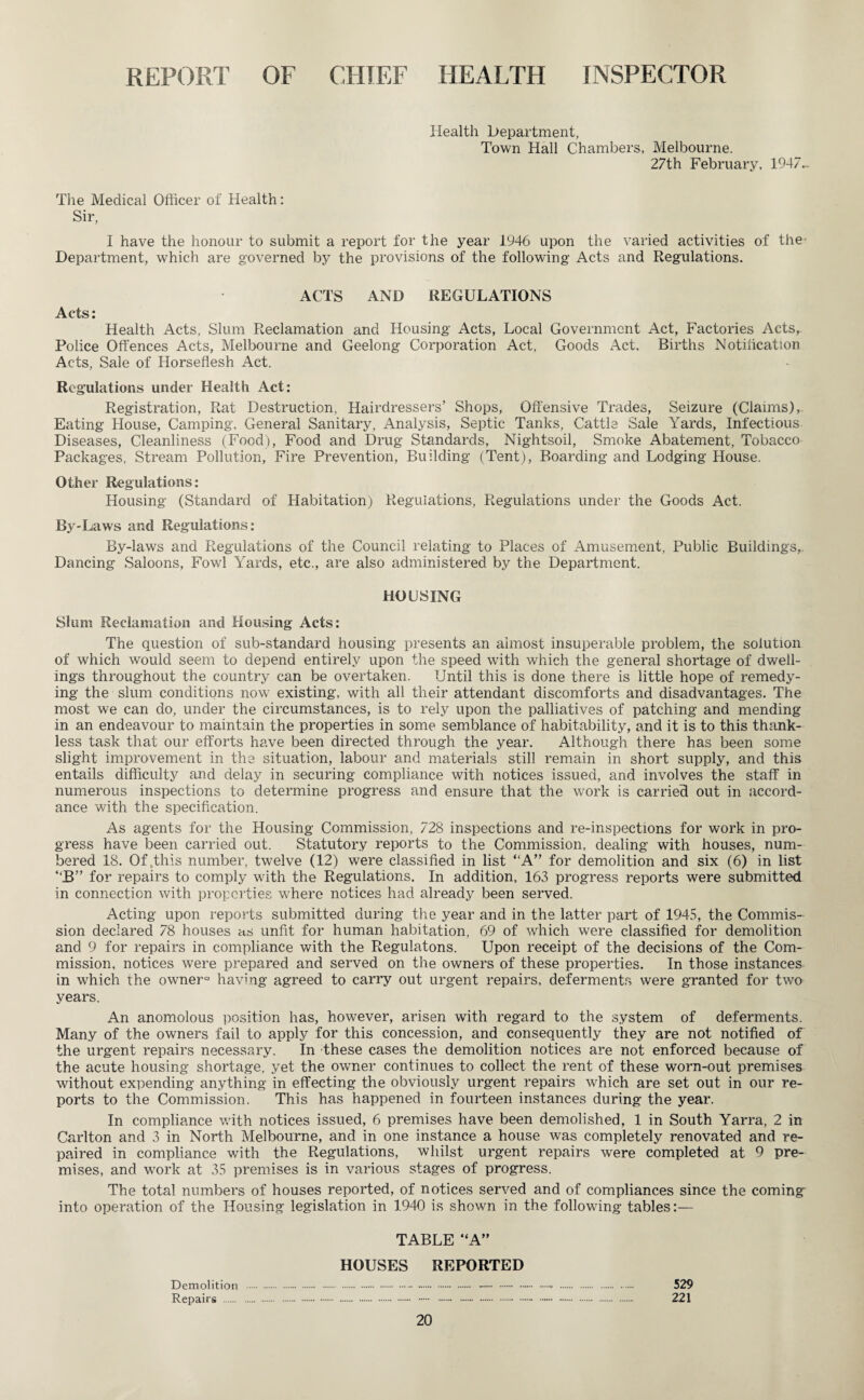 REPORT OF CHIEF HEALTH INSPECTOR Health Department, Town Hall Chambers, Melbourne. 27th February, 1947- The Medical Officer of Health: Sir, I have the honour to submit a report for the year 1946 upon the varied activities of the- Department, which are governed by the provisions of the following Acts and Regulations. ACTS AND REGULATIONS Acts: Health Acts, Slum Reclamation and Housing Acts, Local Government Act, Factories Acts, Police Offences Acts, Melbourne and Geelong Corporation Act, Goods Act, Births Notification Acts, Sale of Horseflesh Act. Regulations under Health Act: Registration, Rat Destruction, Hairdressers’ Shops, Offensive Trades, Seizure (Claims), Eating House, Camping, General Sanitary, Analysis, Septic Tanks, Cattle Sale Yards, Infectious Diseases, Cleanliness (Food), Food and Drug Standards, Nightsoil, Smoke Abatement, Tobacco Packages, Stream Pollution, Fire Prevention, Building (Tent), Boarding and Lodging House. Other Regulations: Housing (Standard of Habitation) Regulations, Regulations under the Goods Act. By-Laws and Regulations: By-laws and Regulations of the Council relating to Places of Amusement, Public Buildings,. Dancing Saloons, Fowl Yards, etc., are also administered by the Department. HOUSING Slum Reclamation and Housing Acts: The question of sub-standard housing presents an almost insuperable problem, the solution of which would seem to depend entirely upon the speed with which the general shortage of dwell¬ ings throughout the country can be overtaken. Until this is done there is little hope of remedy¬ ing the slum conditions now existing, with all their attendant discomforts and disadvantages. The most we can do, under the circumstances, is to rely upon the palliatives of patching and mending in an endeavour to maintain the properties in some semblance of habitability, and it is to this thank¬ less task that our efforts have been directed through the year. Although there has been some slight improvement in the situation, labour and materials still remain in short supply, and this entails difficulty and delay in securing compliance with notices issued, and involves the staff in numerous inspections to determine progress and ensure that the work is carried out in accord¬ ance with the specification. As agents for the Housing Commission, 728 inspections and re-inspections for work in pro¬ gress have been carried out. Statutory reports to the Commission, dealing with houses, num¬ bered 18. Of .this number, twelve (12) were classified in list “A” for demolition and six (6) in list “B” for repairs to comply with the Regulations. In addition, 163 progress reports were submitted in connection with properties where notices had already been served. Acting upon reports submitted during the year and in the latter part of 1945, the Commis¬ sion declared 78 houses as unfit for human habitation, 69 of which were classified for demolition and 9 for repairs in compliance with the Regulatons. Upon receipt of the decisions of the Com¬ mission, notices were prepared and served on the owners of these properties. In those instances in which the owner*3 having agreed to carry out urgent repairs, deferments were granted for two years. An anomolous position has, however, arisen with regard to the system of deferments. Many of the owners fail to apply for this concession, and consequently they are not notified of the urgent repairs necessary. In these cases the demolition notices are not enforced because of the acute housing shortage, yet the owner continues to collect the rent of these worn-out premises without expending anything in effecting the obviously urgent repairs which are set out in our re¬ ports to the Commission. This has happened in fourteen instances during the year. In compliance with notices issued, 6 premises have been demolished, 1 in South Yarra, 2 in Carlton and 3 in North Melbourne, and in one instance a house was completely renovated and re¬ paired in compliance with the Regulations, whilst urgent repairs were completed at 9 pre¬ mises, and work at 35 premises is in various stages of progress. The total numbers of houses reported, of notices served and of compliances since the coming into operation of the Housing legislation in 1940 is shown in the following tables:— TABLE “A” HOUSES REPORTED Demolition . -.. 529 Repairs .- . 221