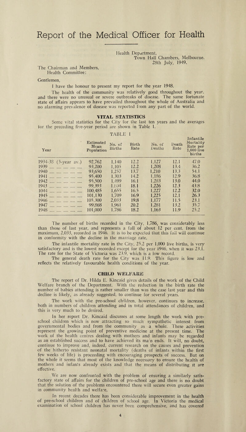 Report of the Medical Officer for Health The Chairman and Members, Health Committee: Health Department, Town Hall Chambers, Melbourne. 28th July, 1949. Gentlemen, I have the honour to present my report for the year 1948. The health of the community was relatively good throughout the year, and there were no unusual or severe outbreaks of disease. The same fortunate state of affairs appears to have prevailed throughout the whole of Australia and no alarming prevalence of disease was reported from any part of the world. VITAL STATISTICS Some vital statistics for the City for the last ten years and the averages lor the preceding five-year period are shown in Table 1. TABLE 1 Infantile Year Estimated Mean Population No. of Births Birth Bate No. of Deaths Death Kate Mortality Bate per 1,000 live births 1934-38 (5-year av.) 92,762 1,140 12.2 1,127 12.1 47.0 1939 . 93,200 1,105 12.2 1,208 13.4 36.2 1940 . 93,650 1,257 13.7 1,210 13.3 54.1 1941 . 95,400 1,303 14.2 1,186 12.9 36.8 1942 . 95,500 1,499 16.1 1.283 13.0 44.0 1943 . 99,393 1,804 18.1 1,226 12.3 43.8 1044 . 100,485 1,655 16.5 1,227 12.2 32.0 1945 . 101,130 1,709 16.9 1,225 12.1 26.3 1946 . 105,300 2,033 19.8 1,177 11.5 23.1 1947 . 99,868 1,961 20.2 1,281 13.2 35.7 1948 . 101,000 1,786 18.2 1,163 11.9 25.2 The number of births recorded in the City, 1,786, was considerably less than those of last year, and represents a fall of about 12 per cent, from the maximum, 2,033, recorded in 1946. It is to be expected that this fall will continue in conformity with the decline in the marriage rate. The infantile mortality rate in the City, 25.2 per 1,000 live births, is very satisfactory and is the lowest recorded except for the year 1946, when it was 23.1. The rate for the State of Victoria was 23.9, which is a low record. The general death rate for the City was 11.9. This figure is low and reflects the relatively favourable health conditions of the year. CHILD WELFARE The report of Dr. Hilda E. Kincaid gives details of the work of the Child Welfare branch of the Department. With the reduction in the birth rate the number of babies attending is rather smaller than was the case last year and this decline is likely, as already suggested, to continue for several years. The work with the pre-school children, however, continues to increase, both in numbers of children attending and in total attendances of children, and this is very much to be desired. In her report Dr. Kincaid discusses at some length the work with pre¬ school children which is now attracting so much sympathetic interest from governmental bodies and from the community as a whole. These activities represent the growing point of preventive medicine at the present time. The work of the health centres dealing with mothers and infants may be regarded as an established success and to have achieved its ma n ends. It will, no doubt, continue to improve and, indeed, current research on the causes and prevention of the hitherto resistant neonatal mortality (deaths of infants within the first few weeks of life) is proceeding with encouraging prospects of success. But on the whole it seems that most of the knowledge necessary to ensure the health of mothers and infants already exists and that the means of distributing it are effective. We are now confronted with the problem of ensuring a similarly satis¬ factory state of affairs for the children of pre-school age and there is no doubt that the solution of the problems encountered there will secure even greater gains in community health and welfare. In recent decades there has been considerable improvement in the health of pre-school children and of children of school age. In Victoria the medical examination of school children has never been comprehensive, and has covered