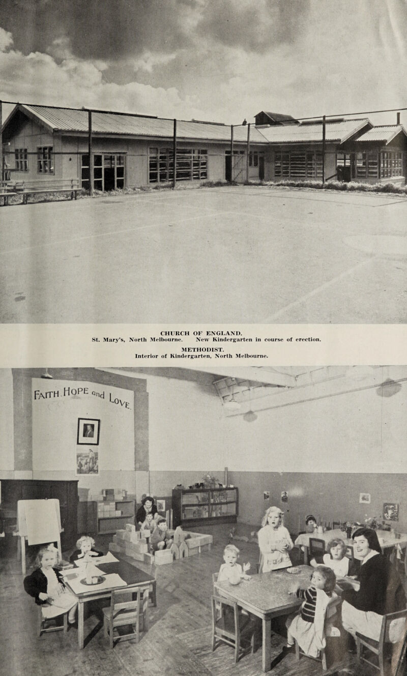 CHURCH OF ENGLAND. St. Mary’s, North Melbourne. New Kindergarten in course of erection. METHODIST. Interior of Kindergarten, North Melbourne.