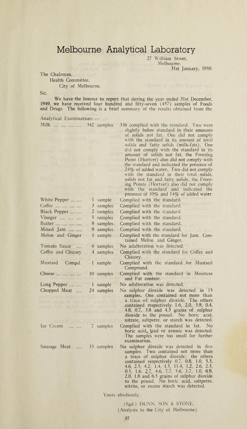 Melbourne Analytical Laboratory 27 William Street, Melbourne. 31st January, 1950. The Chairman, Health Committee, City of Melbourne. Sir, We have the honour to report that during the year ended 31st December, 1949, we have received four hundred and fifty-seven (457) samples of Foods and Drugs. The following is a brief summary of the results obtained from the Analytical Examinations:— Milk . 342 samples 336 complied with the standard. Two were slightly below standard in their amounts of solids not fat. One did not comply with the standard in its amount of total solids and fatty solids (milk-fats). One did not comply with the standard in its amount of solids not fat, the Freezing Point (Hortvet) also did not comply with the standard and indicated the presence of 24% of added water. Two did not comply with the standard in their total solids, solids not fat and fatty solids; the Freez¬ ing Points (Hortvet) also did not comply with the standard and indicated the presence of 10% and 14% of added water. White Pepper. 1 sample Complied with the standard. Coffee . 3 samples Complied with the standard. Black Pepper. 2 samples Complied with the standard. Vinegar . 5 samples Complied with the standard. Butter. 8 samples- Complied with the standard. Mixed Jam . 9 samples Complied with the standard. Melon and Ginger 1 sample Complied with the standard for Jam. Con¬ tained Melon and Ginger. Tomato Sauce 6 samples No adulteration was detected. Coffee and Chicory 4 samples Complied with the standard for Coffee and Chicory. Mustard Compd. 1 sample Complied with the standard for Mustard Compound. Cheese. 10 samples Complied with, the standard in Moisture and Fat content. Long Pepper . 1 sample No adulteration was detected. Chopped Meat . 24 samples No sulphur dioxide was detected in 15 Ice Cream 7 samples Sausage Meat . 33 samples samples. One contained not more than a trace of sulphur dioxide. The others contained respectively 1.6, 2.0, 3.9, 0.4, 4.8, 0.7, 3.8 and 4.3 grains of sulphur dioxide to the pound. No boric acid, nitrate, saltpetre, or starch was detected. Complied with the standard in fat. No boric acid, l^ad or arsenic was detected. The samples were too small for further examination. No sulphur dioxide was detected in five samples. Two contained not more than a trace of sulphur dioxide; the others contained respectively 0.7, 0.8, 1.0, 5.3, 4.6, 2.5, 4.2, 1.4, 1.5, 11.4, 1.2, 2.6, 2.3, 0.5, 1.6, 2,7, 4.6, 7.7, 5.6, 1.7, 1.0, 6.9, 2.0, 1.8 and 6.5 grains of sulphur dioxide to the pound. No boric acid, saltpetre, nitrite, or excess starch was detected. Yours obediently, (Sgd.) DUNN, SON & STONE, (Analysts to the City of Melbourne).