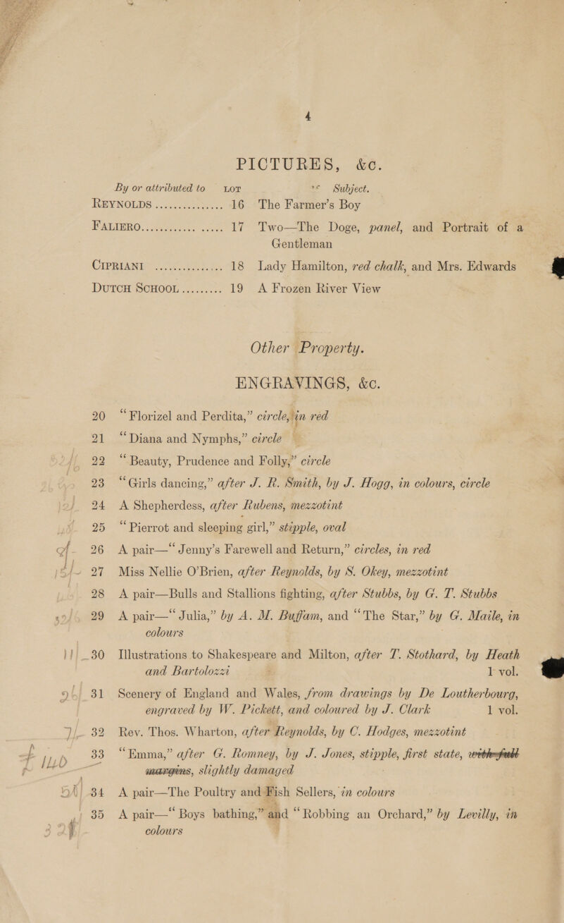  of By or attributed to Lor *< Subject. REYNOLDS «sc ee, 16 The Farmer’s Boy . EATER ©. . eee otee 0 17 Two—The Doge, panel, and Portrait of a Gentleman CIPREAND 300454. 18 Lady Hamilton, red chalk, and Mrs. Edwards DutcH SCHOOL......... 19 A Frozen River View 35 PICTURES, &amp;é. Other Property. ENGRAVINGS, &amp;c. “Florizel and Perdita,” circle, in red Diana and Nymphs,” circle : “Beauty, Prudence and Folly,” czrcle “Girls dancing,” after J. R. Smith, by J. Hogg, in colours, circle A Shepherdess, after Rubens, mezzotint Pierrot and enum girl,” stzpple, oval A pair—Jenny’s Farewell and Return,” circles, in red Miss Nellie O’Brien, after Reynolds, by S. Okey, mezzotint A pair—Bulls and Stallions fighting, after Stubbs, by G. T. Stubbs A pair— Julia,” by A. M. Buffam, and “The Star,” by G. Maile, in colours Illustrations to Shakespeare and Milton, after 7. Stothard, by Heath and Bartoloza z IT vol. Scenery of England and Wales, from drawings by De Loutherbourg, Rev. Thos. Wharton, after ‘Reynolds, by C. Hodges, mezzotint “Emma,” after G. Romney, by J. Jones, ve Jirst state, webhrsfedtt margens, slightly damaged A pair—The Poultry and Bish Sellers, 22 colours A pair—‘ Boys bathing,” aad‘ ‘Robbing an Orchard,” by Levilly, in colours 