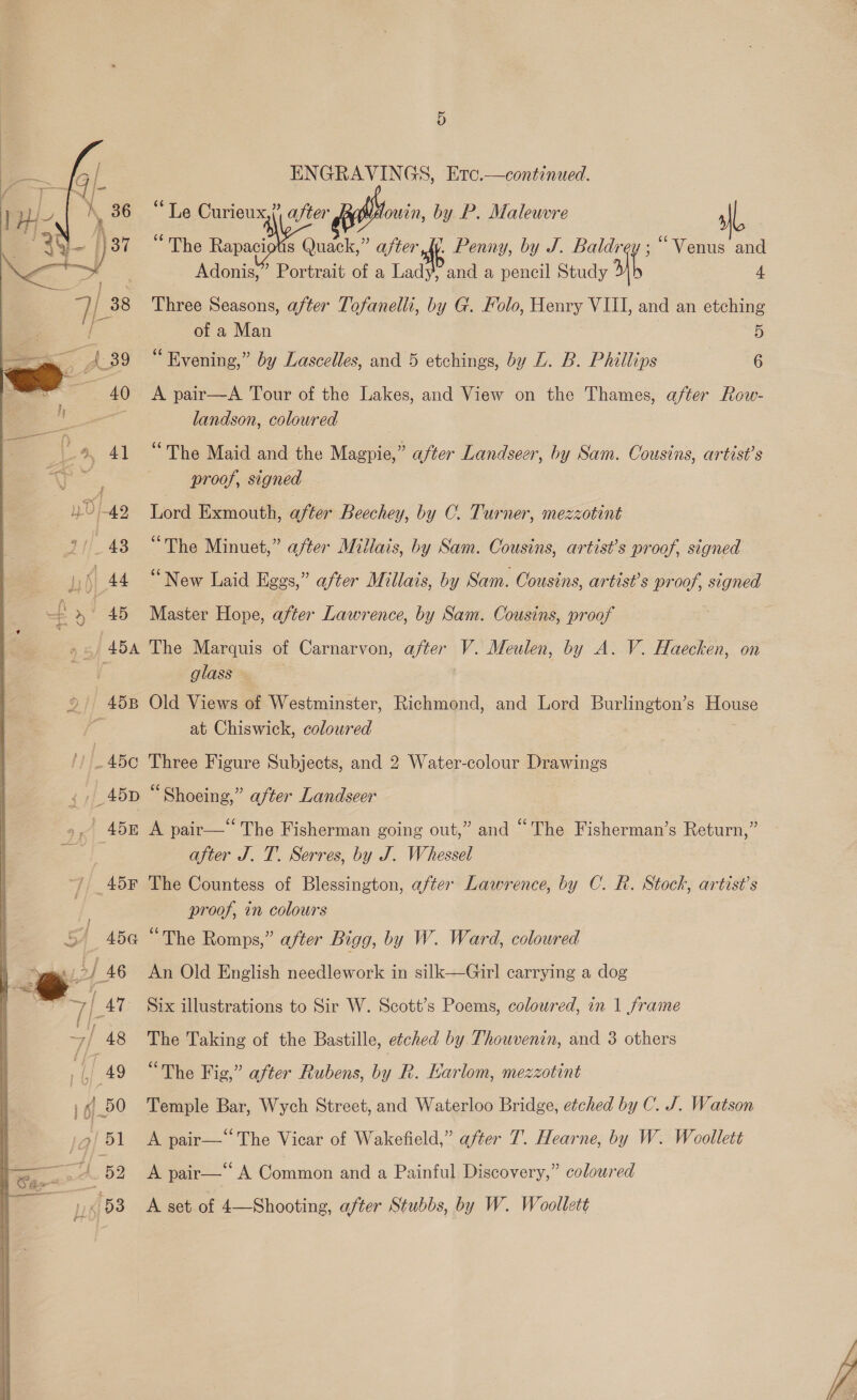  Cr “Le Curieux,”, after gpbiionin, by P. Maleuvre ill “The Baap Quite’ after kt. Penny, by J. Baldr . “Venus and Adonis,” Portrait of a Lady, and a pencil Study 4 of a Man 3 5 “Evening,” by Lascelles, and 5 etchings, by L. B. Phillips 6 A pair—A Tour of the Lakes, and View on the Thames, after Row- landson, coloured “The Maid and the Magpie,” after Landseer, by Sam. Cousins, artist’s proof, signed “The Minuet,” after Millais, by Sam. Cousins, artist’s proof, signed “New Laid Eggs,” after Millais, by Sam. Cousins, artist’s proof, signed Master Hope, after Lawrence, by Sam. Cousins, proof The Marquis of Carnarvon, after V. Meulen, by A. V. Haecken, on glass Old Views of Westminster, Richmond, and Lord Burlington’s House at Chiswick, coloured Three Figure Subjects, and 2 Water-colour Drawings ) “Shoeing,” after Landseer Ae nair— The Fisherman going out,” and “The Fisherman’s Return,” — after J. T. Serres, by J. Whessel The Countess of Blessington, after Lawrence, by C. R. Stock, artist’s proof, in colowrs “The Romps,” after Bigg, by W. Ward, coloured An Old English needlework in silk—Girl carrying a dog Six illustrations to Sir W. Scott’s Poems, coloured, in 1 frame The Taking of the Bastille, etched by Thouvenin, and 3 others “The Fig,” after Rubens, by R. Earlom, mezzotint Temple Bar, Wych Street, and Waterloo Bridge, etched by C. J. Watson A pair— The Vicar of Wakefield,” after 7. Hearne, by W. Weoollett A pair—“ A Common and a Painful Discovery,” coloured A set of 4—Shooting, after Stubbs, by W. Woollett