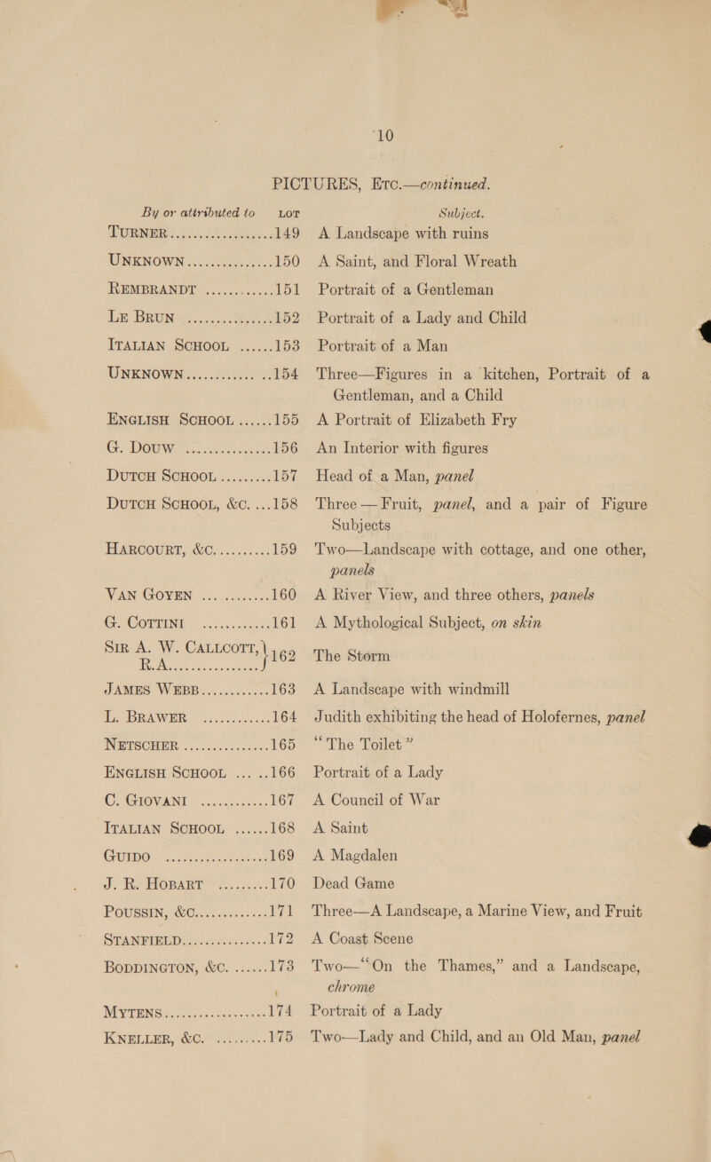 ‘10 By or atirtbuted to Lot APRN, Bo. dD tate ce 149 RENOWN Ailes eet 150 REMBRANDT S65. h.3.05: 151 LLB BRUN Rs sc. Sete 152 ITALIAN SCHOOL: 11... 153 UNKNOWN... 154 ENGLISH SCHOOL ...... 155) Gc DOU eee Le 156 Dutem ScHooL ..5...:.: 157 DuTCcH SCHOOL, &amp;c. ...158 HARCOURT, WO s..d00200- 159 Won GOVEN 5 4 edi: 160 CG A@OPUING oo ss eck ks 161 Sir A. W. CALLCOTT, 162 JAMES WEBB............ 163 Pe DRAWER 205. 50ct ces 164 WWEISCHER...:.sod.c acts: 165 ENGLISH SCHOOL ... .. 166 CG TOVANE foie. 167 ITALIAN. SCHOOL: ..2..: 168 CTO Fi aeeene A ht 169 dO; ReOBART. 3.5.80: 170 POUSSIN, GOs cass. 5 &lt;4 lig SPAN PIB ED A etic ses 172 BODDINGTON, &amp;C..,...«.- 173 WEY TEN Gia ccee ssaceea se 174 KNELIER, Gest GS Subject. A Landscape with ruins A Saint, and Floral Wreath Portrait of a Gentleman Portrait of a Lady and Child Portrait of a Man Three—Figures in a kitchen, Portrait of a Gentleman, and a Child A Portrait of Elizabeth Fry An Interior with figures Head of a Man, panel Three — Fruit, panel, and a pair of Figure Subjects Two—Landscape with cottage, and one other, panels A River View, and three others, panels A Mythological Subject, on skin The Storm A Landscape with windmill Judith exhibiting the head of Holofernes, panel “The Toilet ” Portrait of a Lady A Council of War A Saint A Magdalen Dead Game Three—A Landscape, a Marine View, and Fruit A Coast Scene Two—On the Thames,” and a Landscape, chrome Portrait of a Lady Two—Lady and Child, and an Old Man, panel 