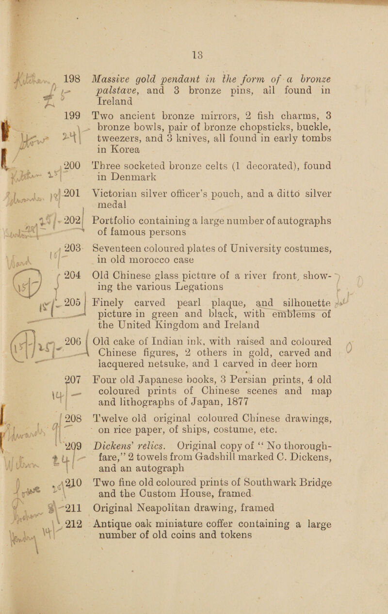 18 _ 198 Massive gold pendant in the form of a bronze a palstave, and 3 bronze pins, ail found in : Treland 199 Two ancient bronze mirrors, 2 fish charms, 8 \ » bronze bowls, pair of bronze chopsticks, buckle, ~4\ tweezers, and 3 knives, all found in early tombs in Korea ,200 'Three socketed bronze celts (1 decorated), found | ~ in Denmark }201 Victorian silver officer’s pouch, and a ditto silver . medal )] 202| Portfolio containing a large number of autographs “~~ of famous persons 203. Seventeen coloured plates of University costumes, (6) eS in old morocco case ¢ 204 Old Chinese glass picture of a river front, ‘show- at 7 ing the various Legations * 205 Finely carved pearl plaque, and_ silhouette yal &lt;4 picture in green and black, with emblems of _ the United Kingdom and Treland “, 206 | / Old cake of Indian ink, with raised and coloured ~ 4 Chinese figures, 2 others in gold, carved and | iacquered netsuke, and 1 carved in deer horn 207 Four old Japanese books, 3 Persian prints, 4 old \u /__- coloured prints of Chinese scenes and map | | and lithographs of Japan, 1877 /208 ‘Twelve old original coloured Chinese drawings, i 4 “~~ on rice paper, of ships, costume, eic. “yg Dickens’ relics. Original copy of ‘‘ No thorough- #t,/- fare,” 2 towels from Gadshill marked C. Dickens, rat and an autograph , 210 Two fine old coloured prints of Southwark Bridge “4 and the Custom House, framed. $\-211 Original Neapolitan drawing, framed » 212 - Antique oak miniature coffer containing a large