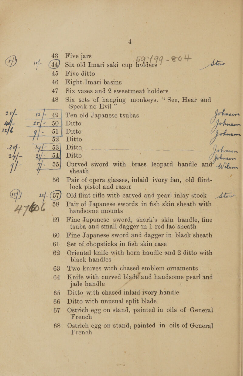 “49. Hive ditto 46 HKight Imari basins 47 Six vases and 2 sweetmeat holders 48 Six sets of hanging monkeys, ‘‘ See, Hear and Speak no Evil ” ) | Ten old Japanese tsubas qe 50 | Ditto | Cpe Ditto Ditto i DGG, ee Se a ee Ditto pA Curved sword with brass leopard handle and fle sheath  Pair of opera glasses, inlaid ivory fan, old flint- lock pistol and razor a Old flint rifle with carved and pear] inlay stock Seok , 1b. 58 Pair of Japanese swords in fish skin sheath with handsome mounts 59 Fine Japanese sword, shark’s skin handle, fine tsuba and small dagger in 1 red lac sheath 60 Fine Japanese sword and dagger in black sheath 61 Set of chopsticks in fish skin case : 62 Oriental knife with horn haudle and 2 ditto with black handles | 63 Two knives with chased emblem ornaments 64 Knife with curved blade and pees pearl and jade handle ‘a 65 Ditto with chased inlaid ivory handle 66 Ditto with unusual split blade 67 Ostrich egg on stand, painted in oils of General French _ 68. Ostrich egg on stand, painted in oils of General French