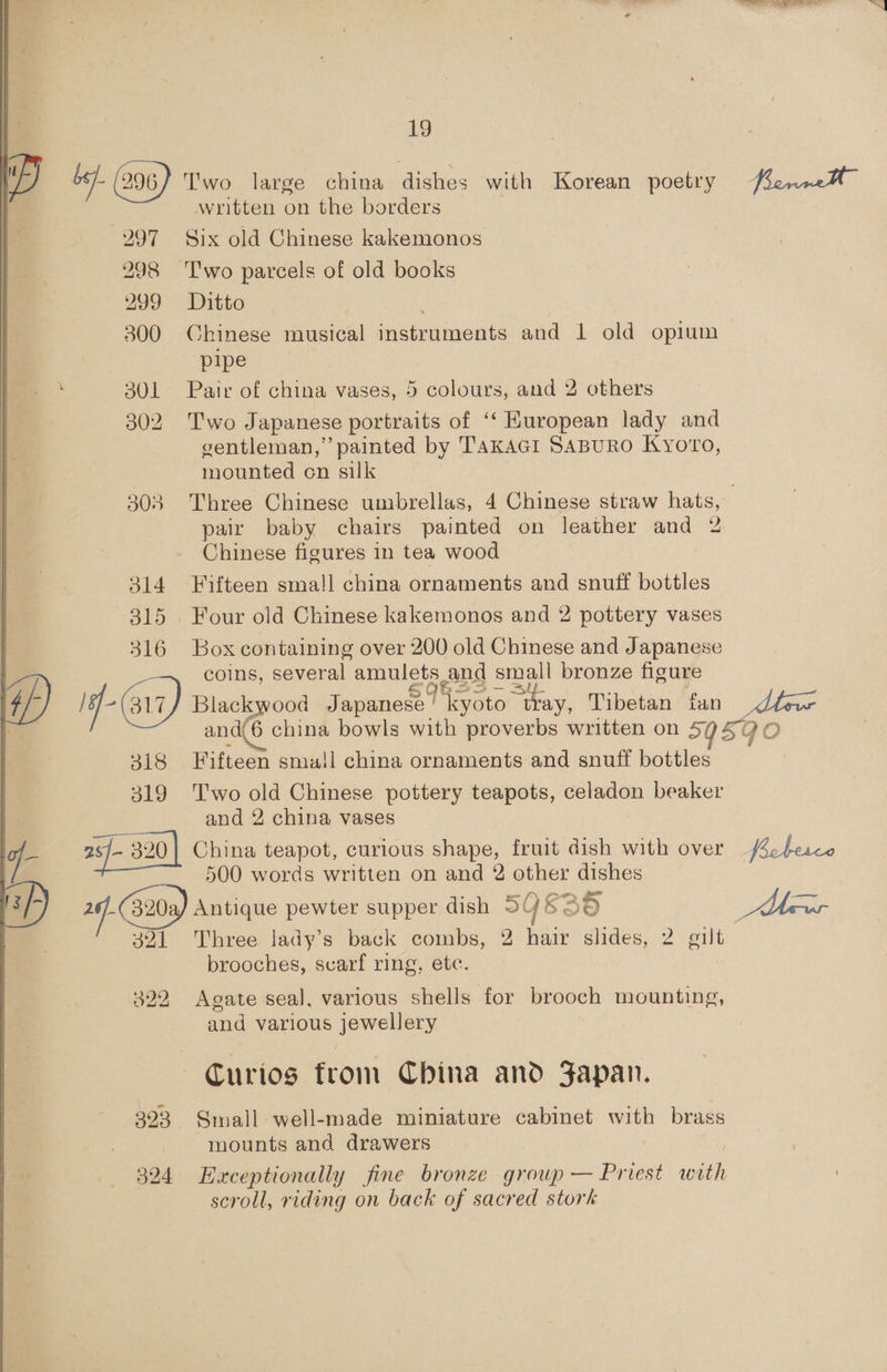 ¥ % 297 298 Y99 300 301 302 305 d14 d15 ) -@) 319 zs]- 320) 321 322 323. 524 19 Two large china dishes with Korean poetry written on the borders Six old Chinese kakemonos Two parcels of old books Ditto Chinese musical instruments and 1 old opium pipe Pair of china vases, 5 colours, and 2 others Two Japanese portraits of ‘‘ Kuropean lady and gentleman,” painted by TAKAGI SaBuRO Kyoro, mounted on silk Three Chinese umbrellas, 4 Chinese straw hats, Chinese figures in tea wood Fifteen small china ornaments and snuff bottles Box containing over 200 old Chinese and Japanese coins, several amulets ,and small bronze figure Fifteen smu!] china ornaments and snuff bottles T'wo old Chinese pottery teapots, celadon beaker and 2 china vases China teapot, curious shape, fruit dish with over 500 words written on and 2 other dishes Antique pewter supper dish 5( 4&amp;E 36. Three lady’s back combs, 2 hair slides, 2 sult brooches, scarf ring, etc. Agate seal, various shells for brooch mounting, and various Jewellery Curios from China and Japan. Small well-made miniature cabinet with brass mounts and drawers Exceptionally fine bronze group — Priest ‘oath scroll, riding on back of sacred stork ——w